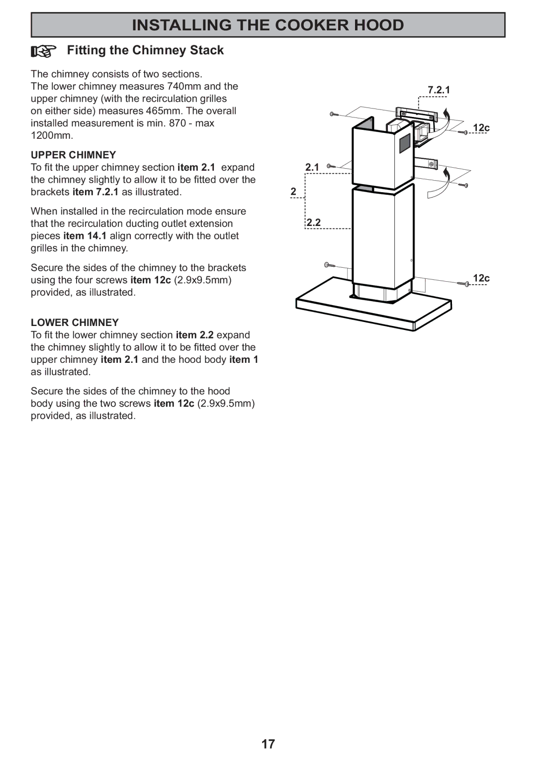 Electrolux CH 910 manual Fitting the Chimney Stack, Upper Chimney 