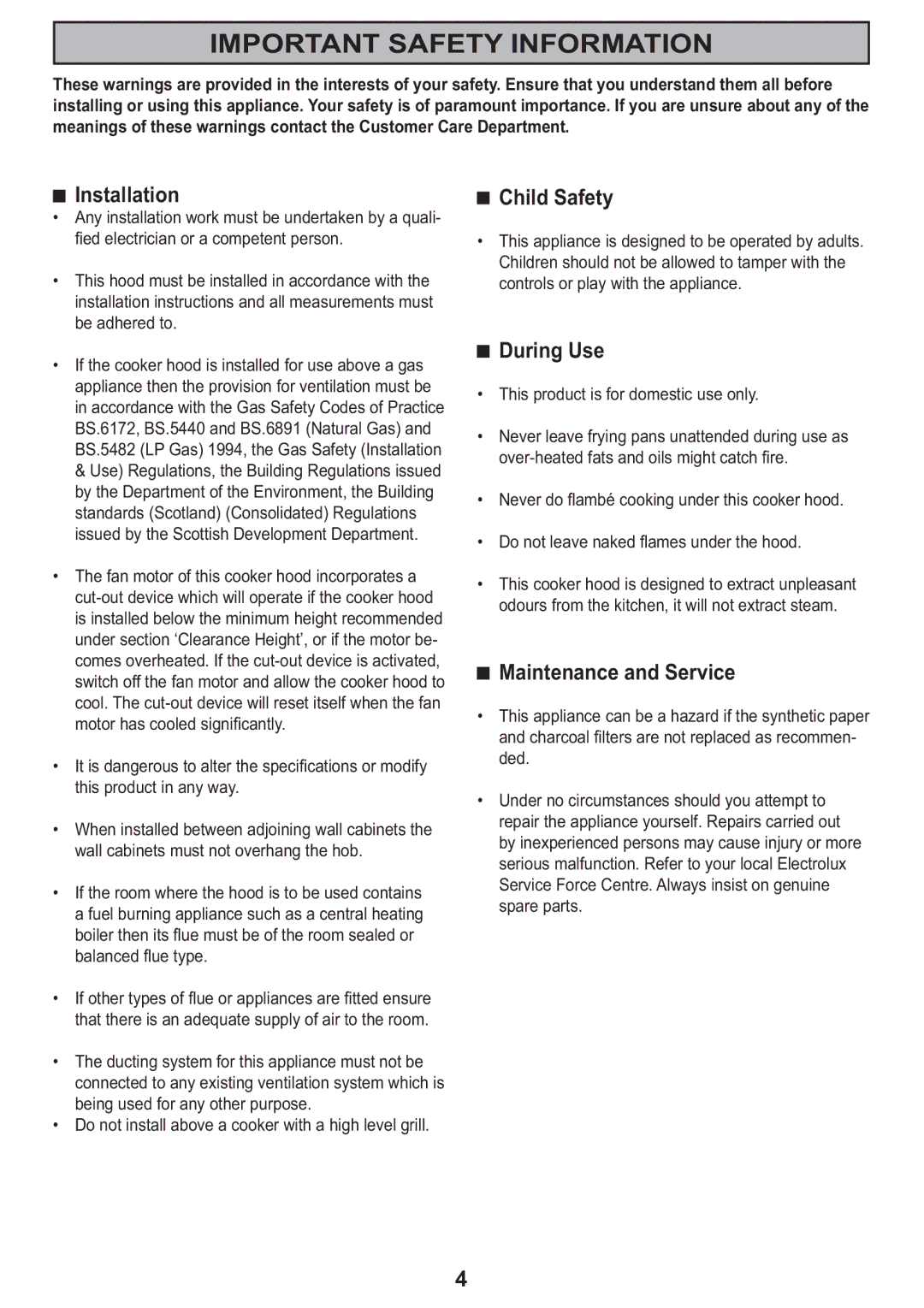 Electrolux CH 910 manual Important Safety Information, Installation, Child Safety, During Use, Maintenance and Service 