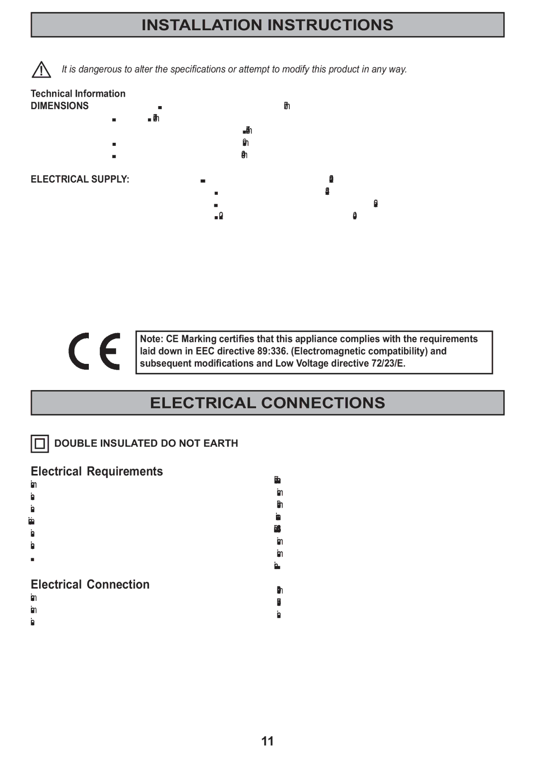 Electrolux CH 950 manual Installation Instructions, Electrical Connections, Electrical Requirements, Technical Information 