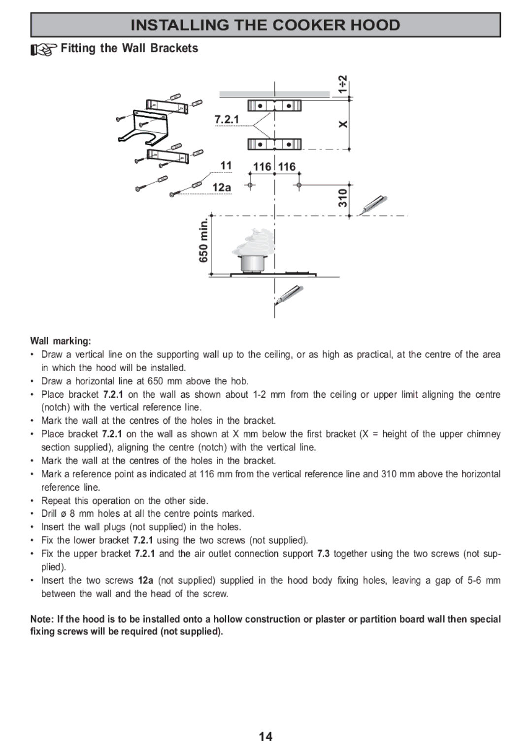 Electrolux CH 950 manual Fitting the Wall Brackets, Wall marking 