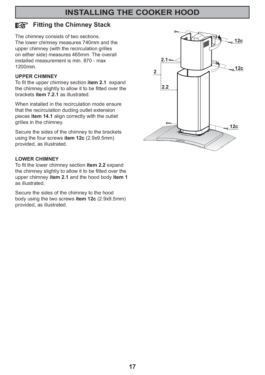 Electrolux CH 950 manual Fitting the Chimney Stack, Upper Chimney 