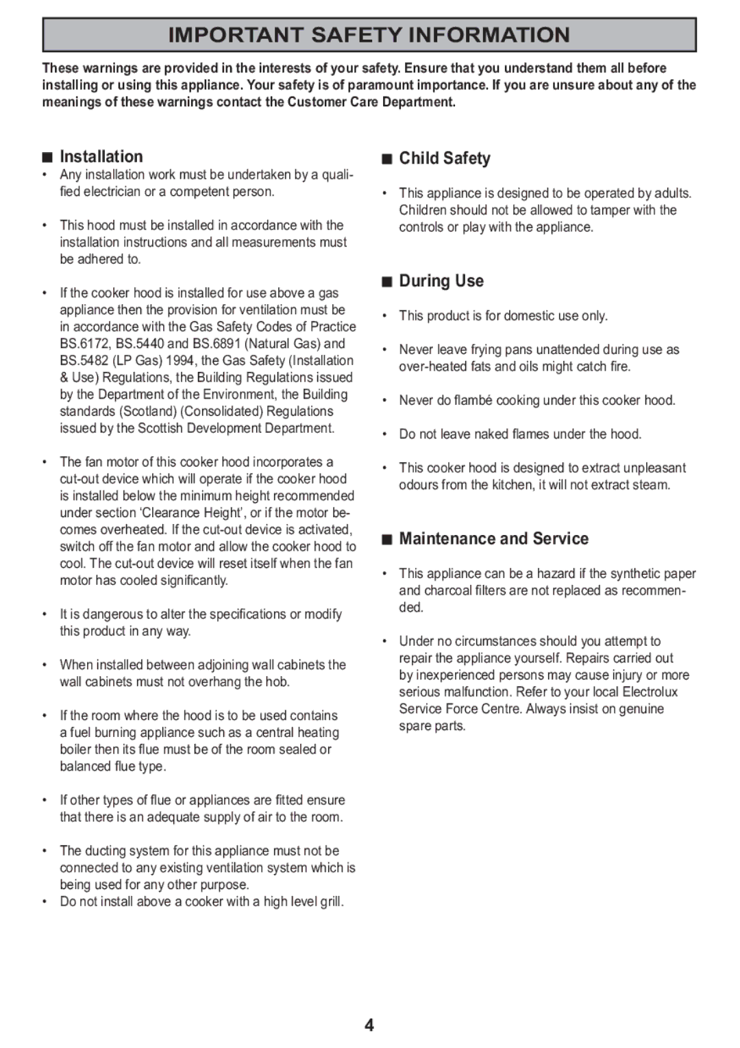 Electrolux CH 950 manual Important Safety Information, Installation, Child Safety, During Use, Maintenance and Service 