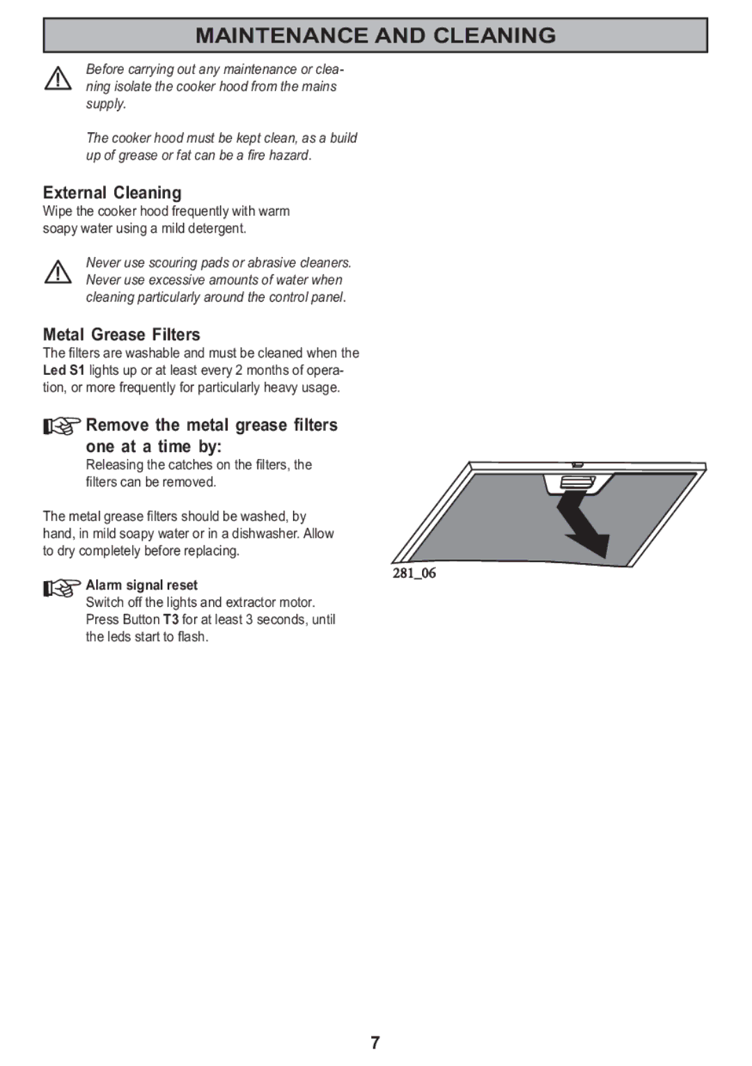 Electrolux CH 950 manual Maintenance and Cleaning, External Cleaning, Metal Grease Filters, Alarm signal reset 