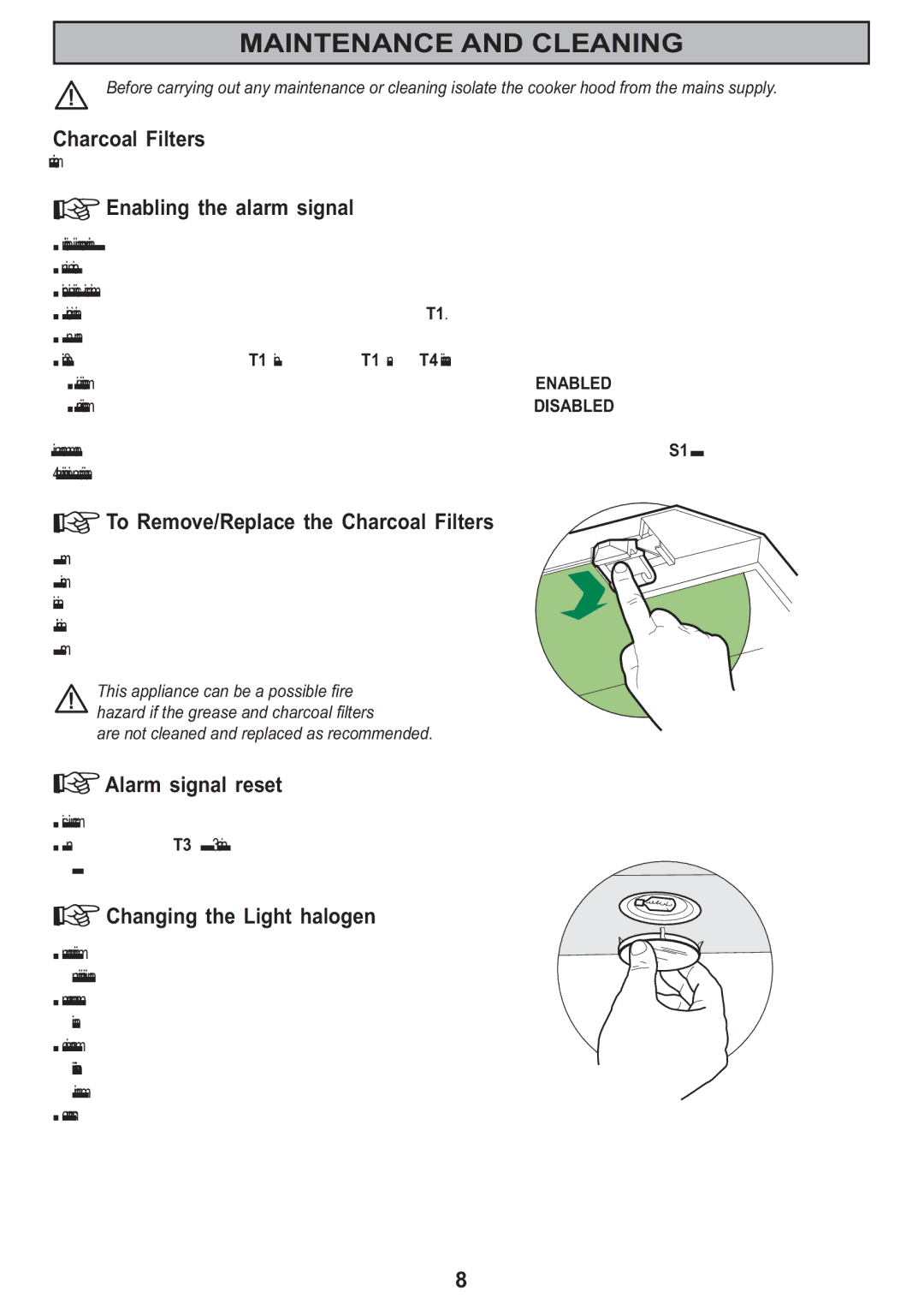 Electrolux CH 950 manual Enabling the alarm signal, To Remove/Replace the Charcoal Filters, Alarm signal reset 