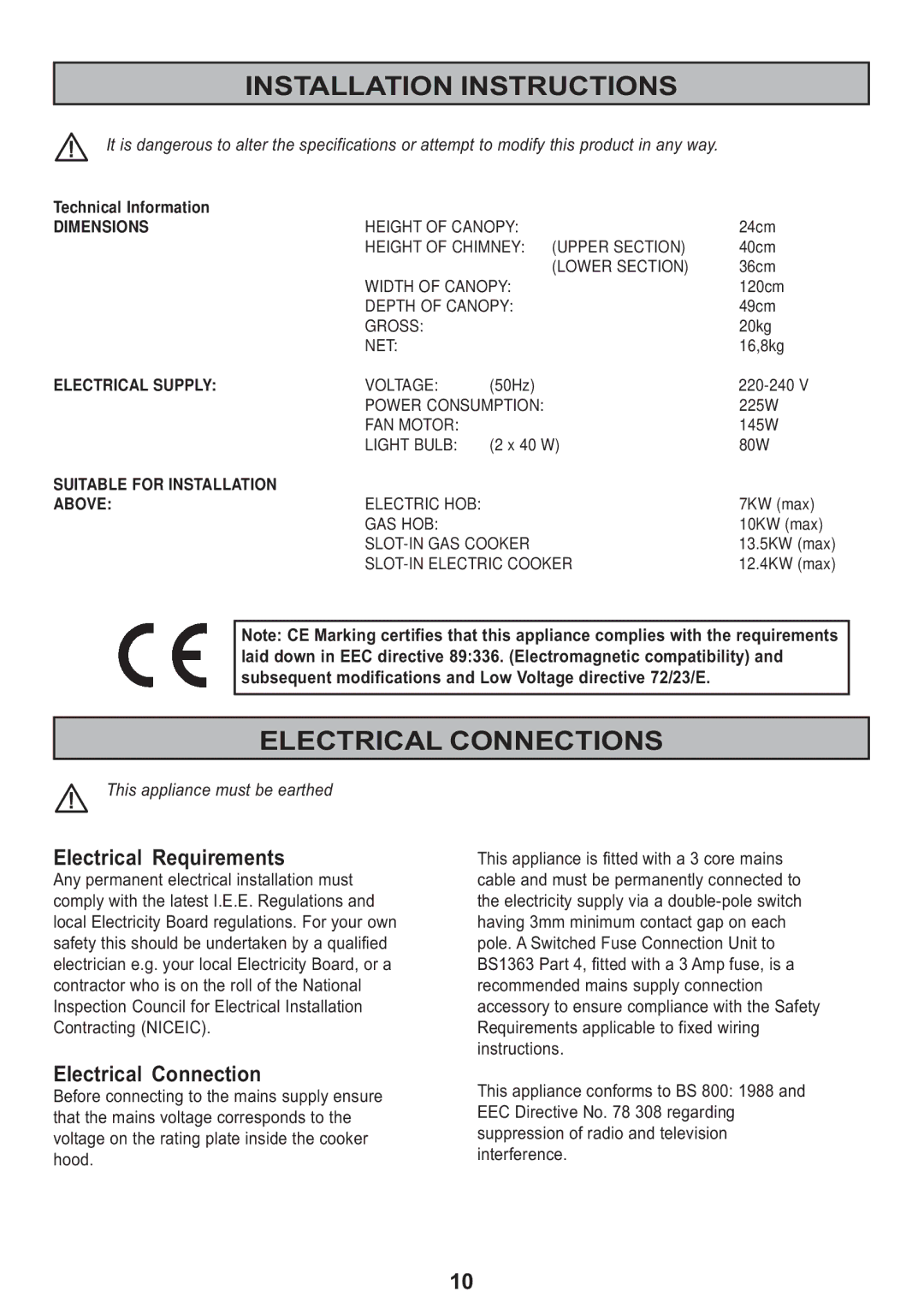 Electrolux CH120 manual Installation Instructions, Electrical Connections, Electrical Requirements 