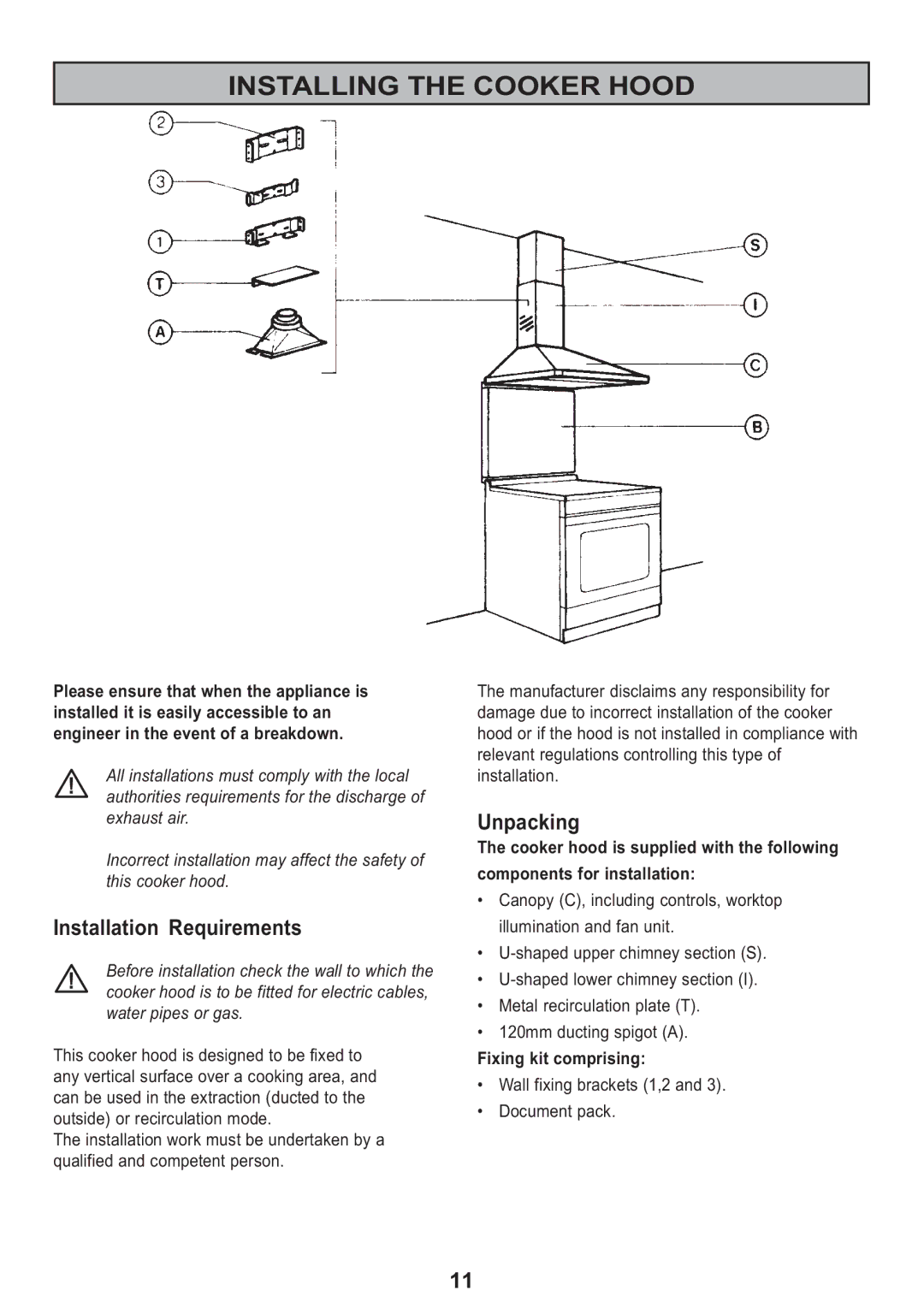 Electrolux CH120 manual Installing the Cooker Hood, Installation Requirements, Unpacking 