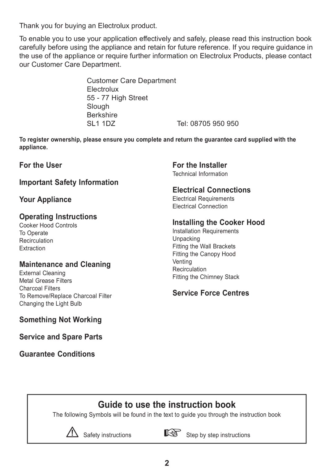 Electrolux CH120 For the User For the Installer, Important Safety Information, Your Appliance, Operating Instructions 