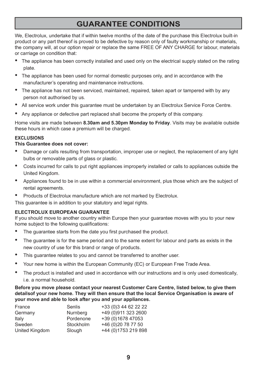 Electrolux CH120 manual Guarantee Conditions, Exclusions 