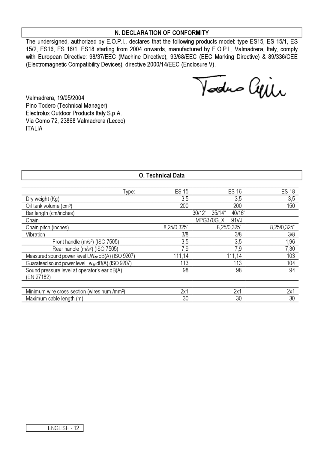 Electrolux Chain Saw manual Declaration of Conformity, Technical Data 