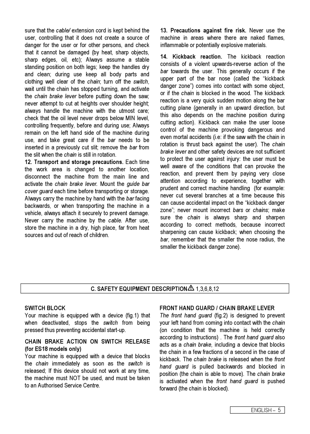 Electrolux Chain Saw manual Safety Equipment Description 1,3,6,8,12 Switch Block 