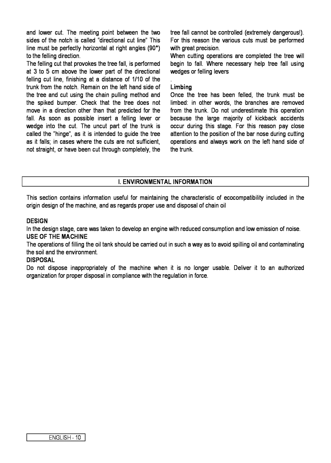 Electrolux Chain Saw manual Limbing, I. Environmental Information, Design, Use Of The Machine, Disposal 