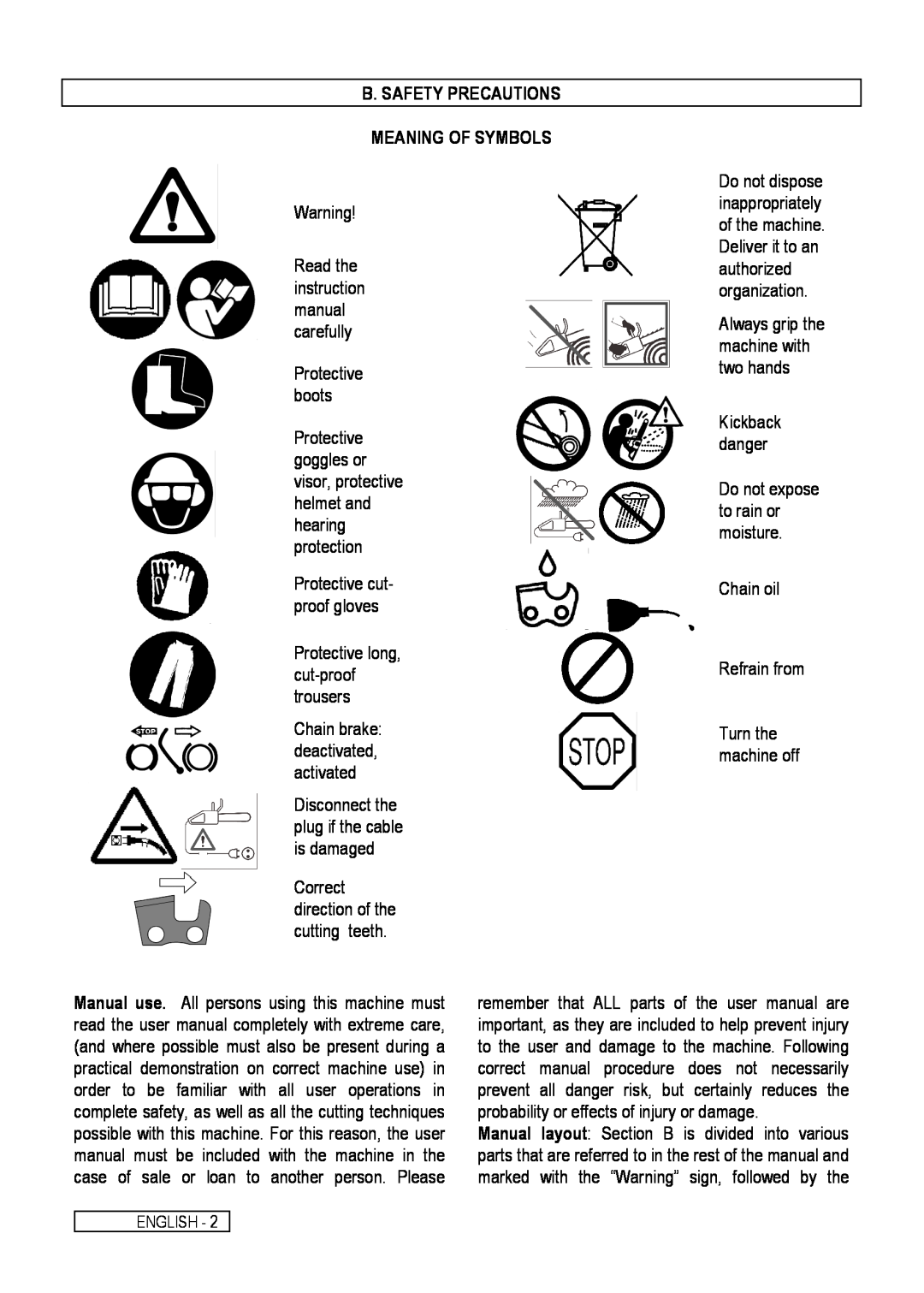 Electrolux Chain Saw manual B. Safety Precautions, Meaning Of Symbols, Do not expose 