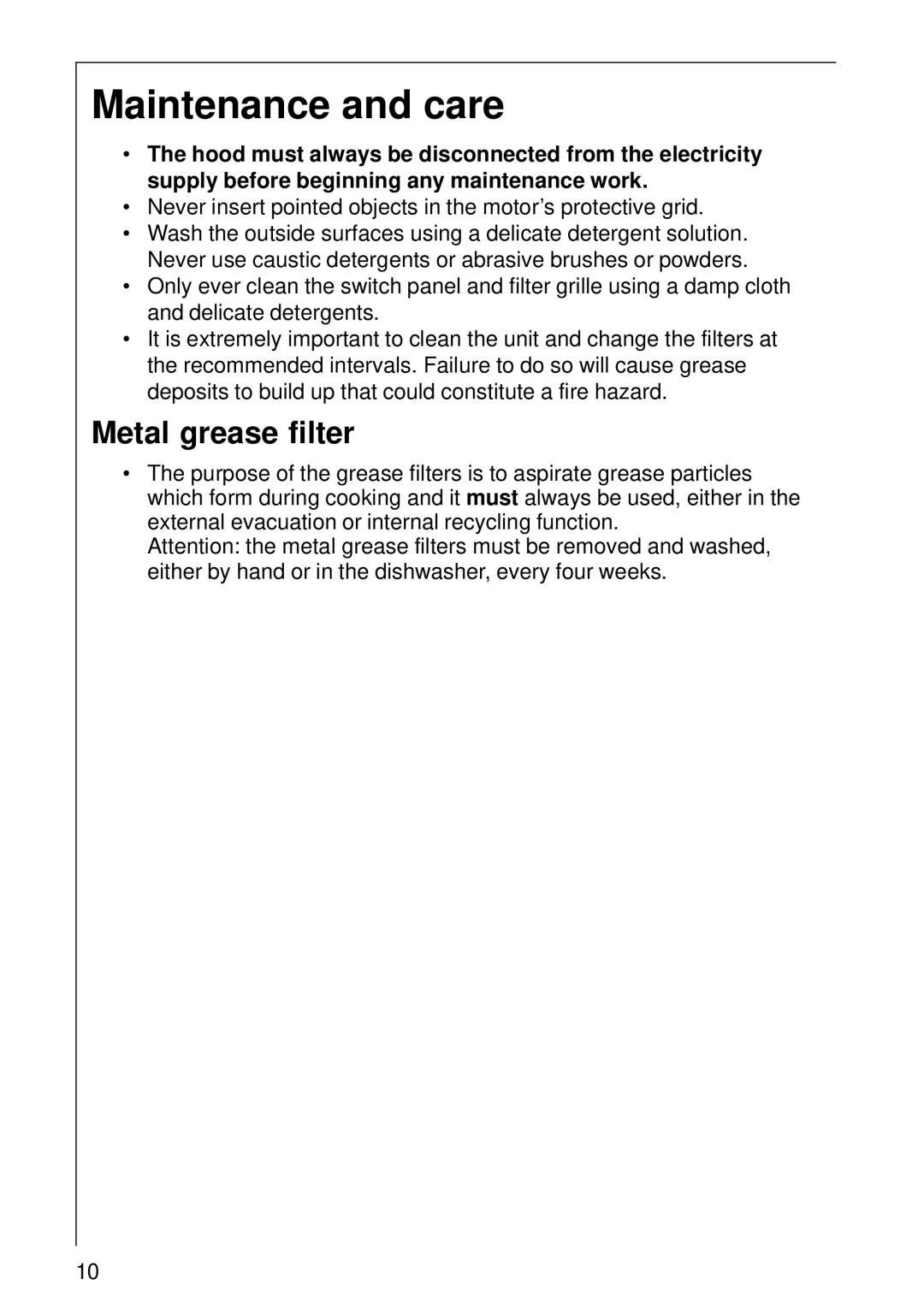 Electrolux CHDD 8694 installation instructions Maintenance and care, Metal grease filter 