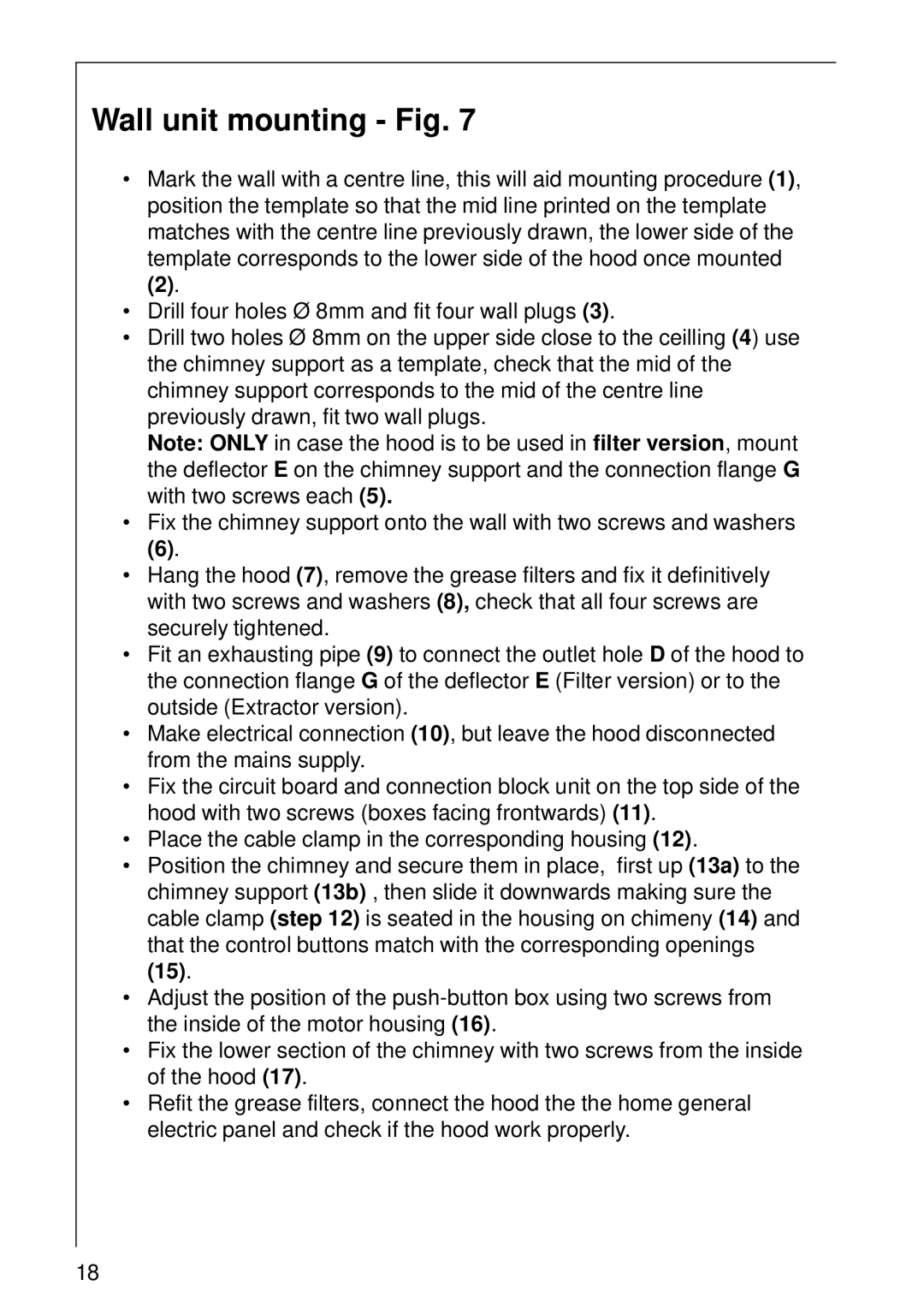 Electrolux CHDD 8694 installation instructions Wall unit mounting Fig 