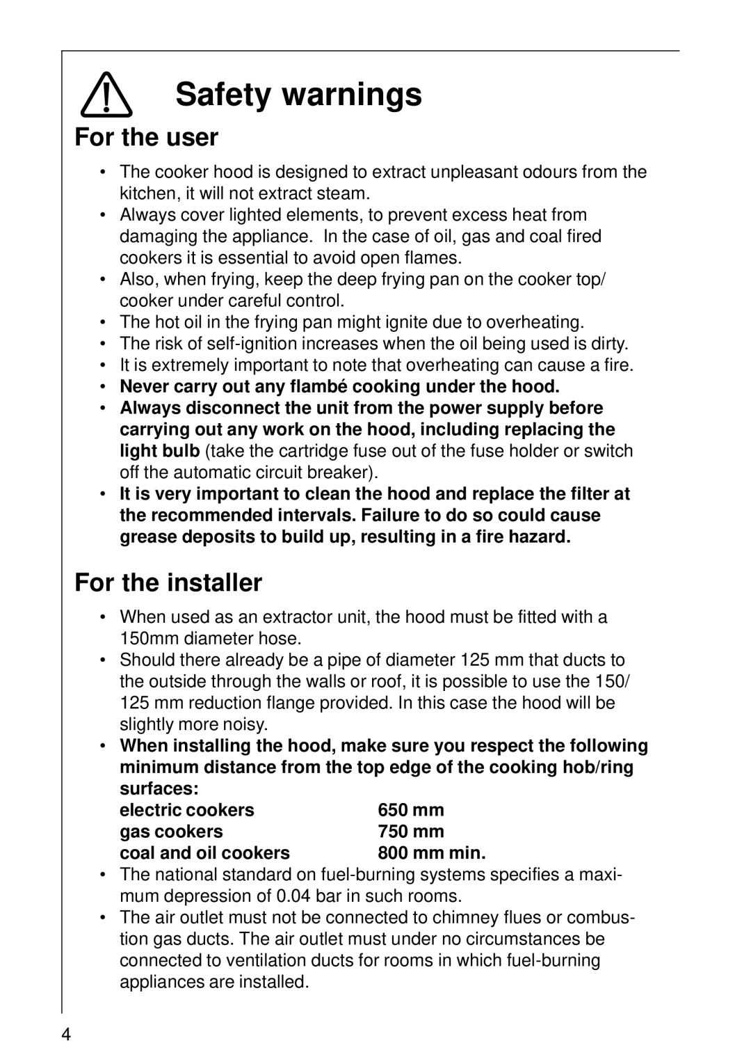 Electrolux CHDD 8694 installation instructions Safety warnings, For the user, For the installer 