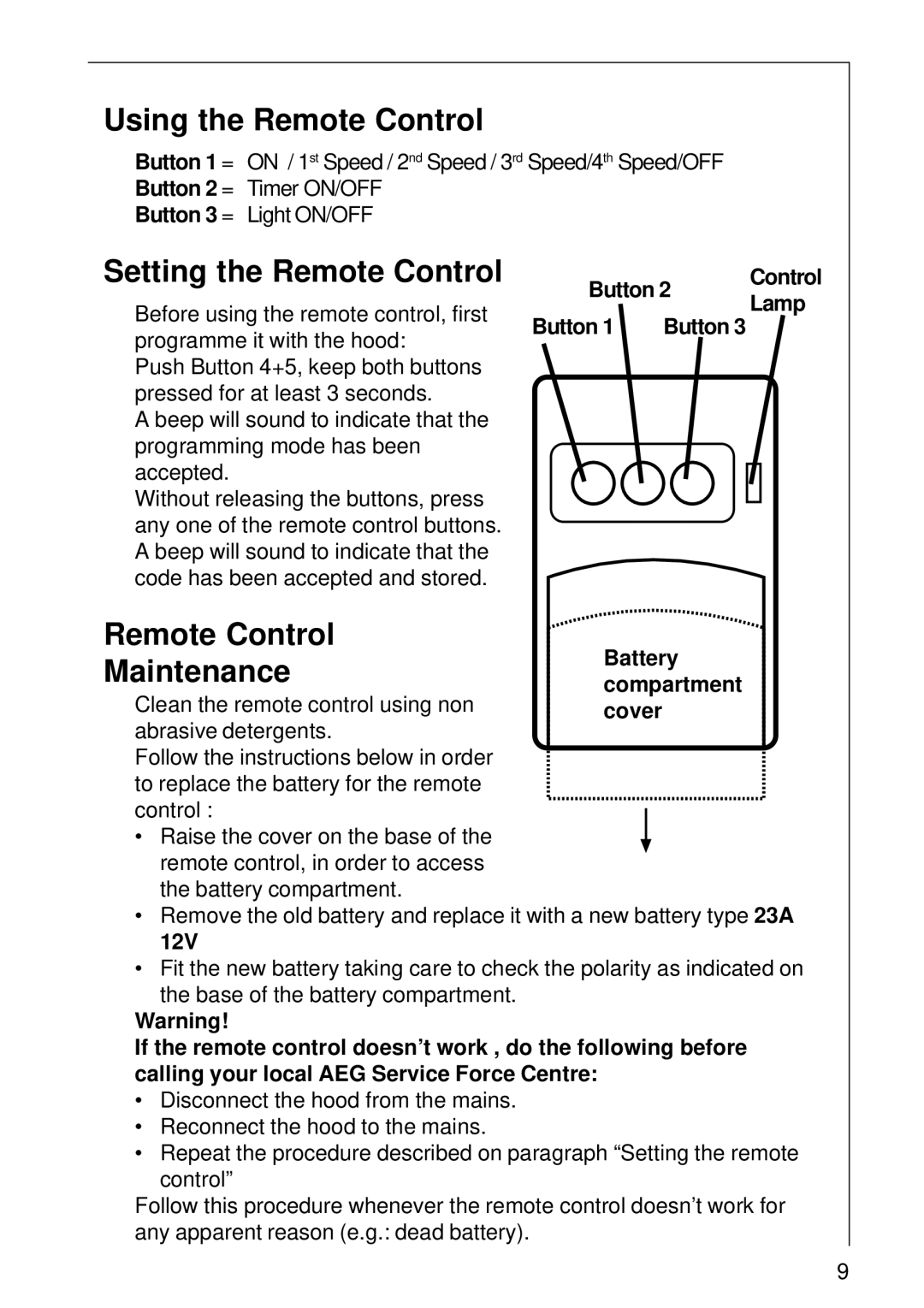 Electrolux CHDD 8694 installation instructions Using the Remote Control, Setting the Remote Control, Maintenance 