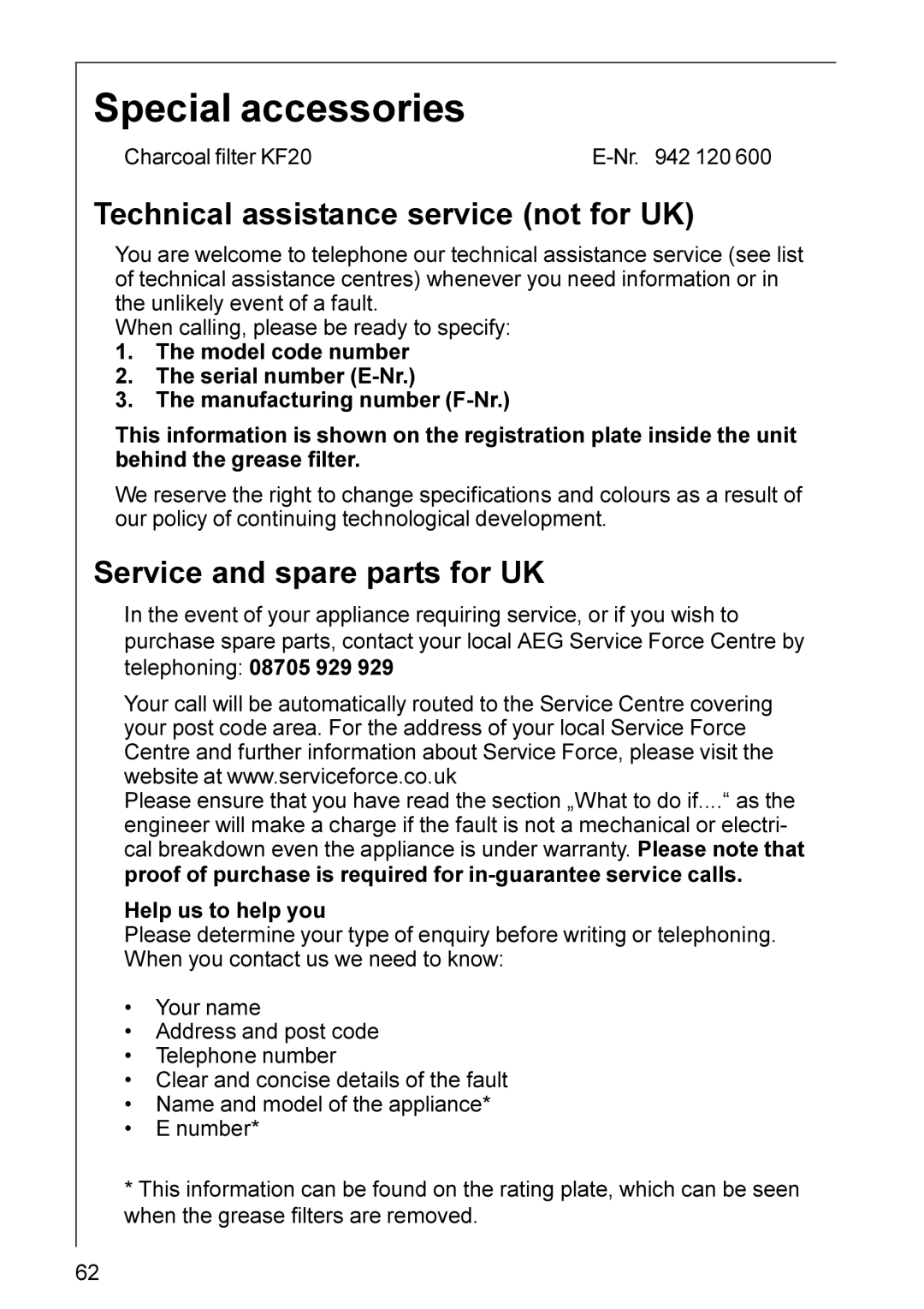 Electrolux CHDD 8890 Special accessories, Technical assistance service not for UK, Service and spare parts for UK 