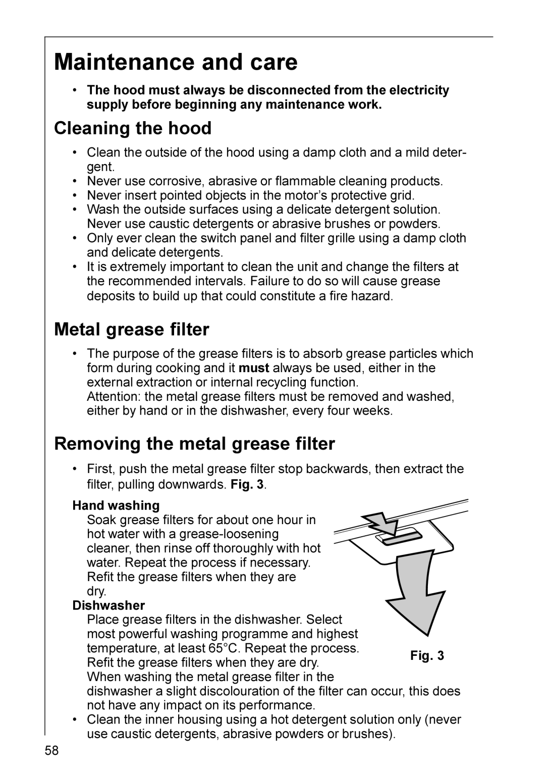 Electrolux CHDD 8820 Maintenance and care, Cleaning the hood, Metal grease filter, Removing the metal grease filter 