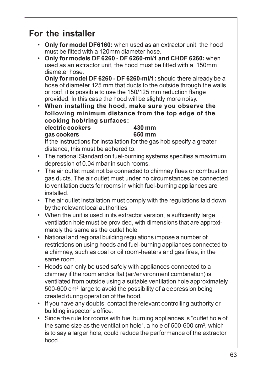 Electrolux CHDF 6260, DF 6160 installation instructions For the installer 