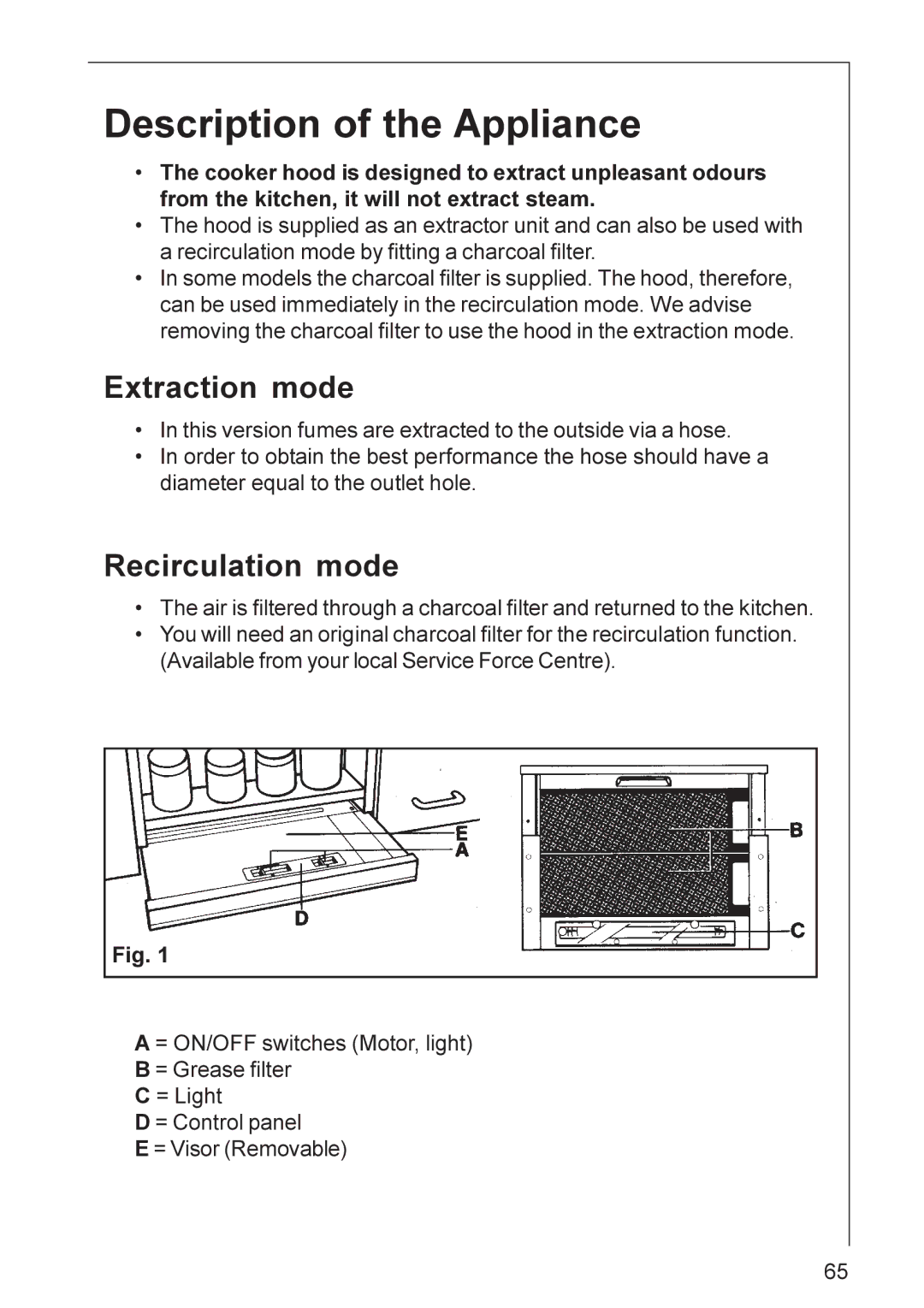 Electrolux CHDF 6260, DF 6160 installation instructions Description of the Appliance, Extraction mode, Recirculation mode 