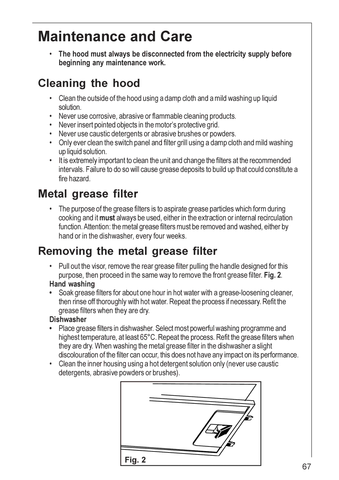 Electrolux DF 6160, DF 6260 Maintenance and Care, Cleaning the hood, Metal grease filter, Removing the metal grease filter 