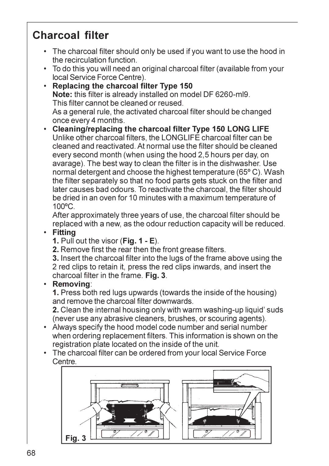 Electrolux CHDF 6260, DF 6160 installation instructions Charcoal filter 