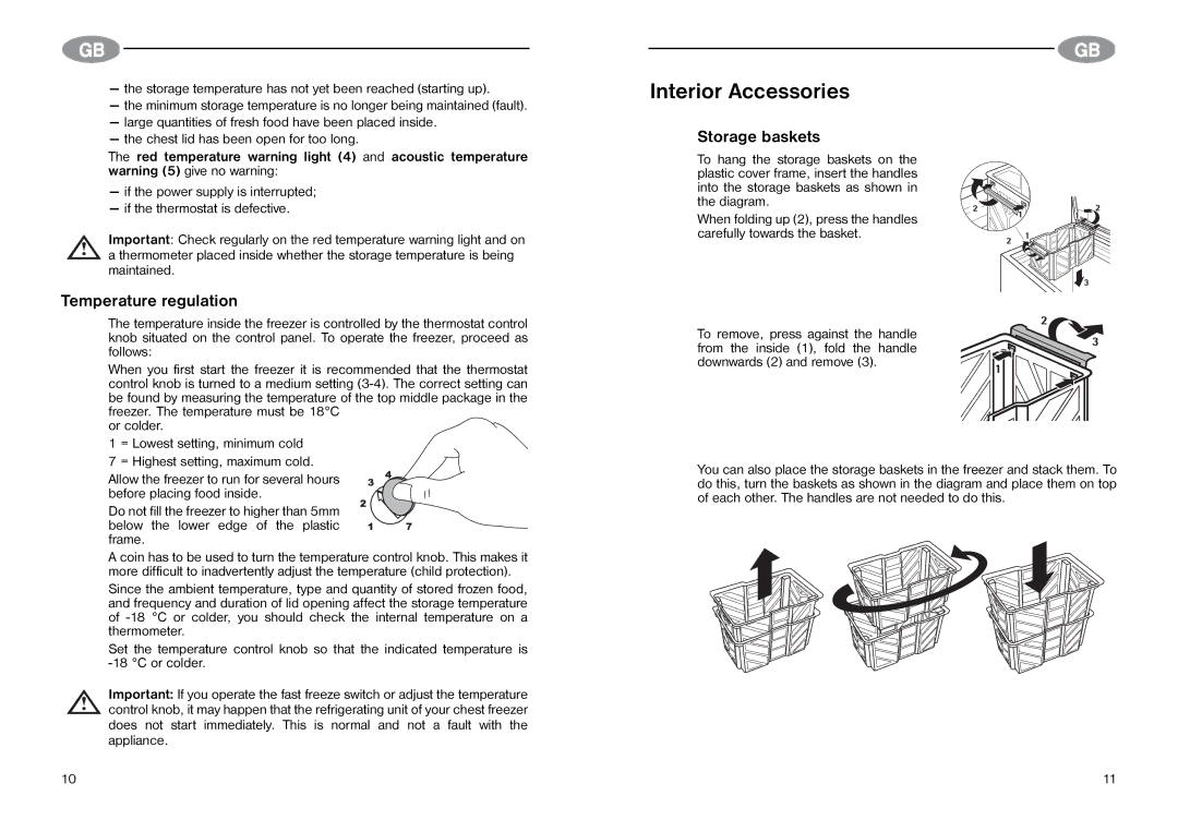 Electrolux Chest freezers manual Interior Accessories, Temperature regulation, Storage baskets 