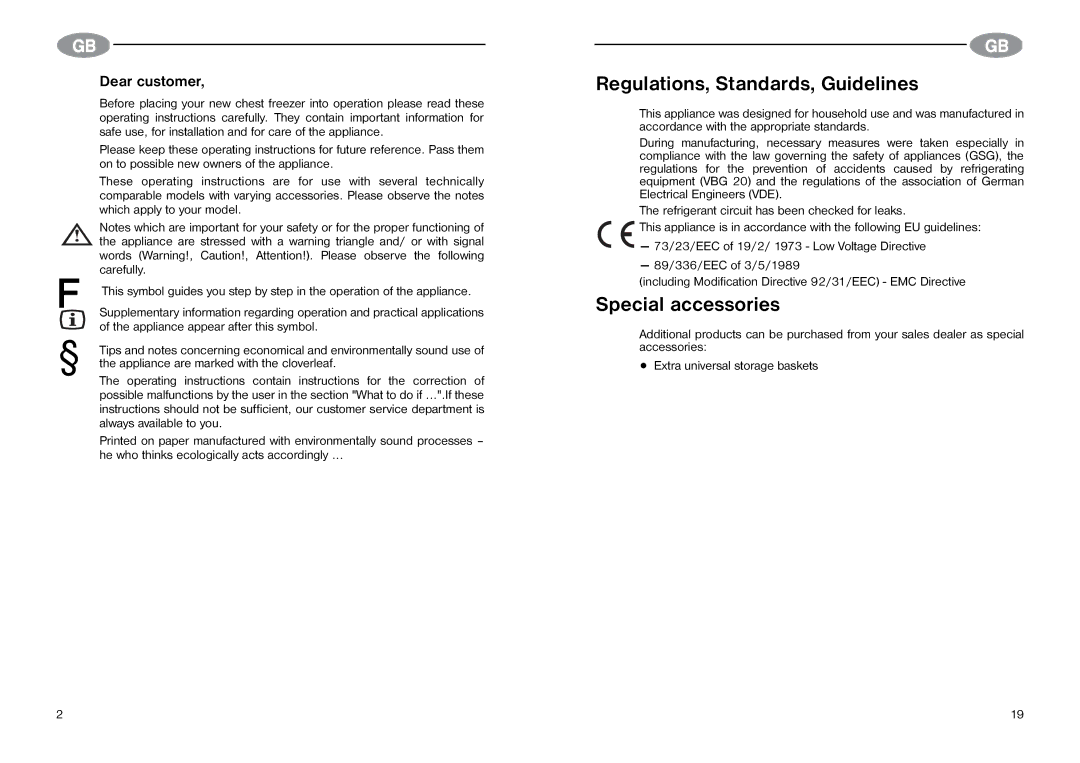 Electrolux Chest freezers manual Regulations, Standards, Guidelines, Special accessories, Dear customer 