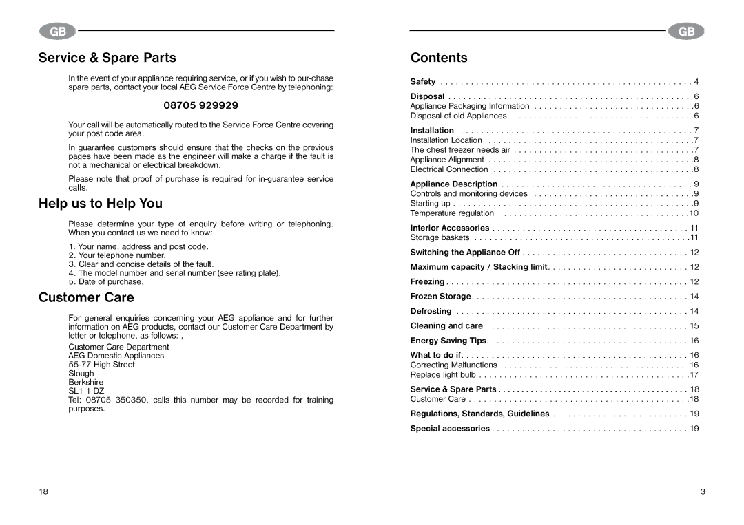 Electrolux Chest freezers manual Service & Spare Parts, Help us to Help You, Customer Care, Contents 