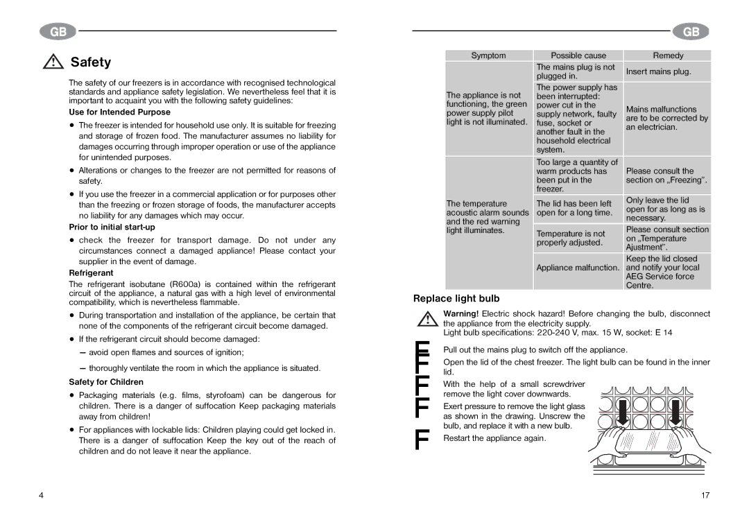 Electrolux Chest freezers manual Safety, Replace light bulb 