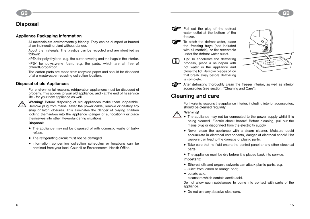 Electrolux Chest freezers manual Cleaning and care, Appliance Packaging Information, Disposal of old Appliances 