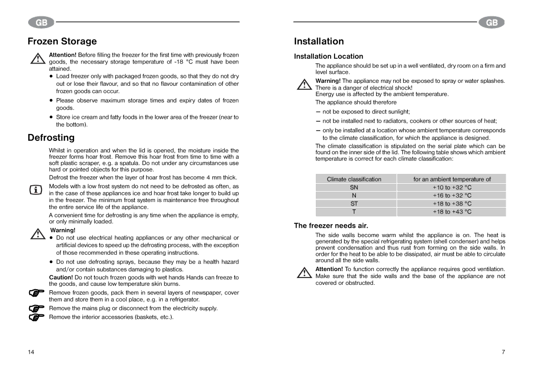 Electrolux Chest freezers manual Frozen Storage, Defrosting, Installation Location, Freezer needs air 