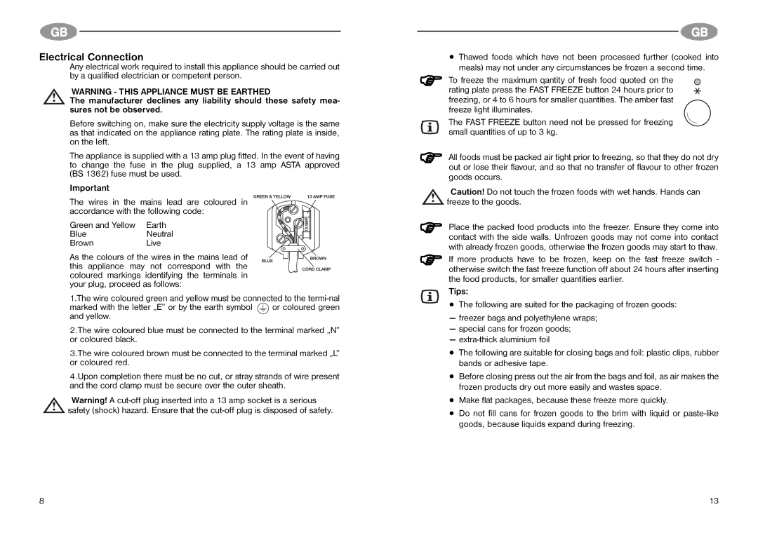 Electrolux Chest freezers manual Electrical Connection, Tips 