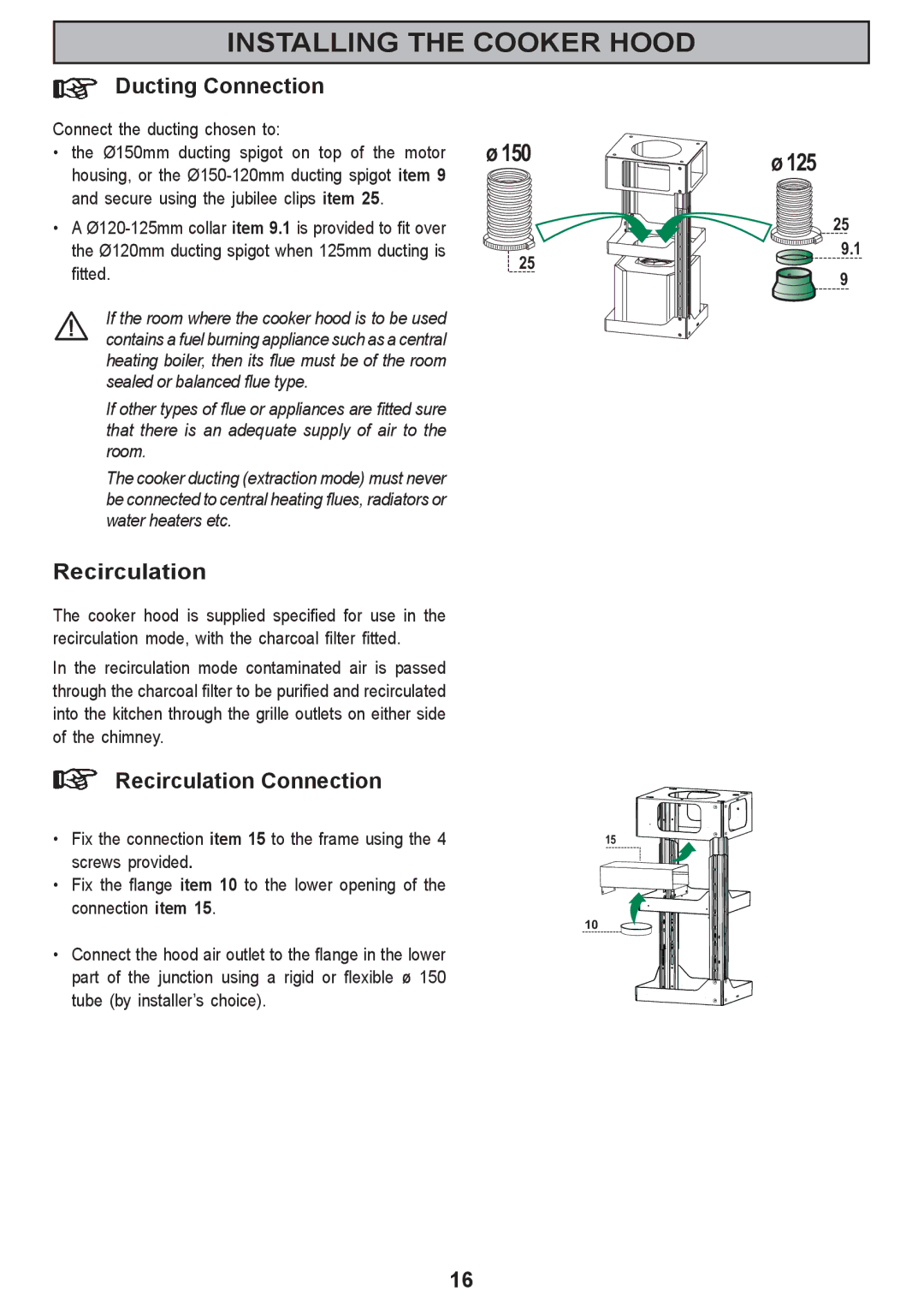 Electrolux CHI 950 manual Ducting Connection, Recirculation Connection, Connect the ducting chosen to 