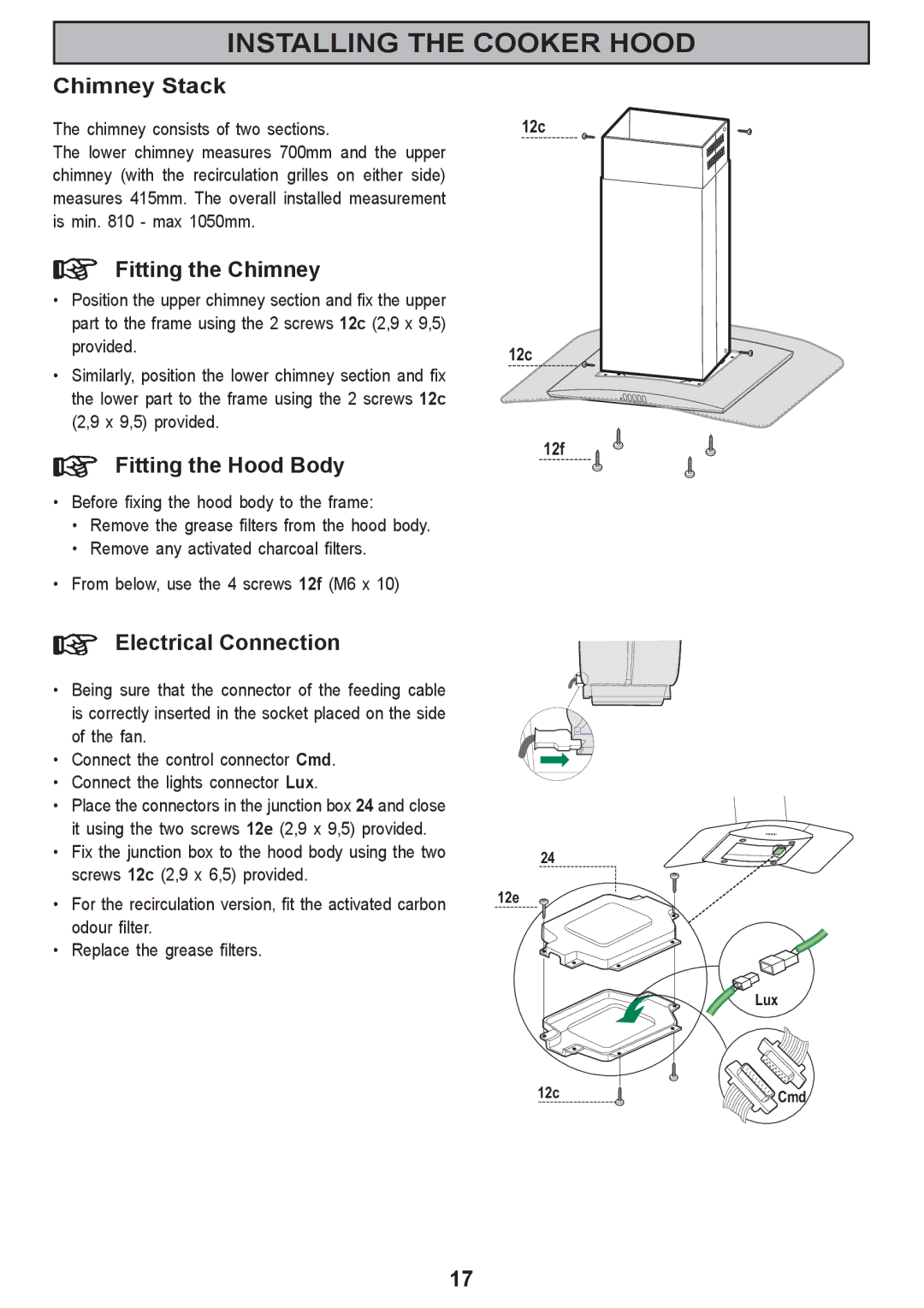 Electrolux CHI 950 manual Chimney Stack, Fitting the Chimney, Fitting the Hood Body, Chimney consists of two sections 