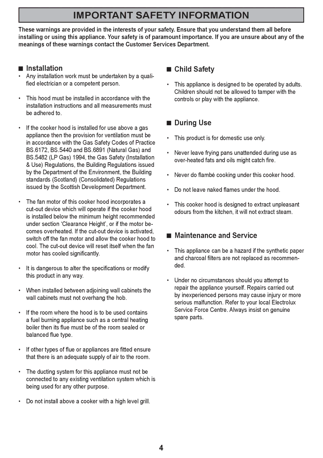 Electrolux CHI 950 manual Important Safety Information, Installation, Child Safety, During Use, Maintenance and Service 