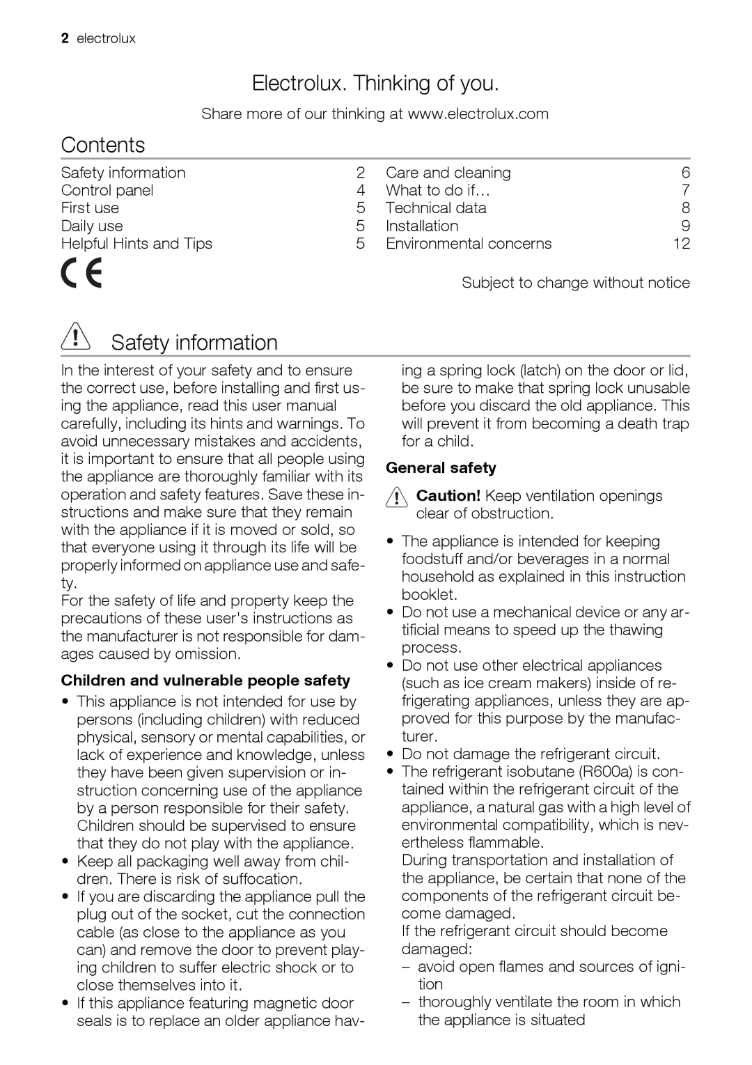 Electrolux CI 800 FA user manual Electrolux. Thinking of you Contents, Safety information 