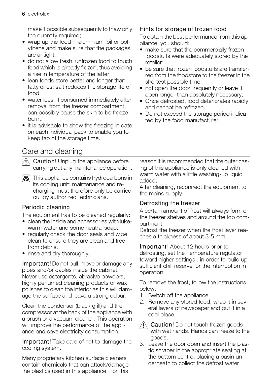 Electrolux CI 800 FA Care and cleaning, Hints for storage of frozen food, Periodic cleaning, Defrosting the freezer 