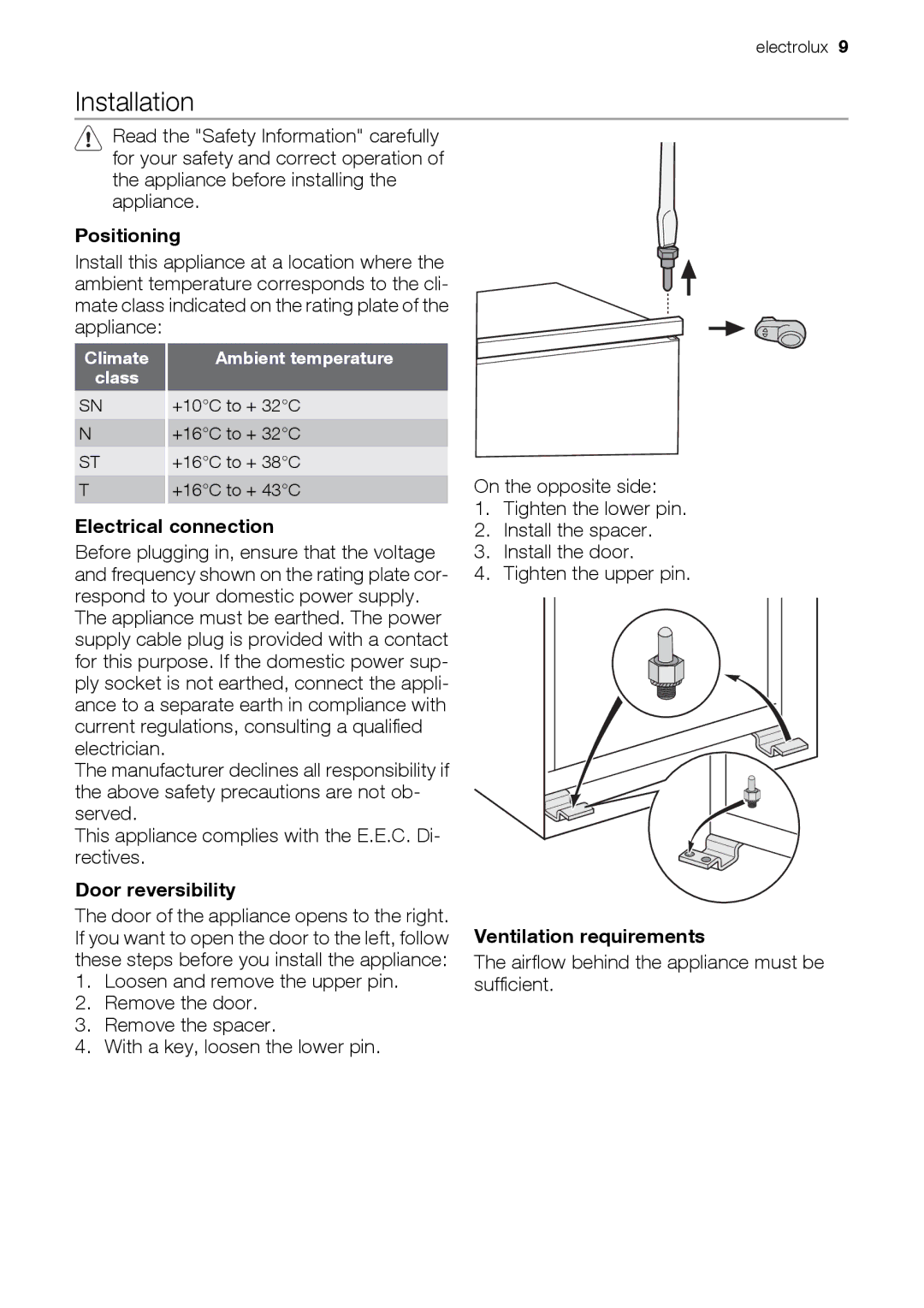 Electrolux CI 800 FA Installation, Positioning, Electrical connection, Door reversibility, Ventilation requirements 