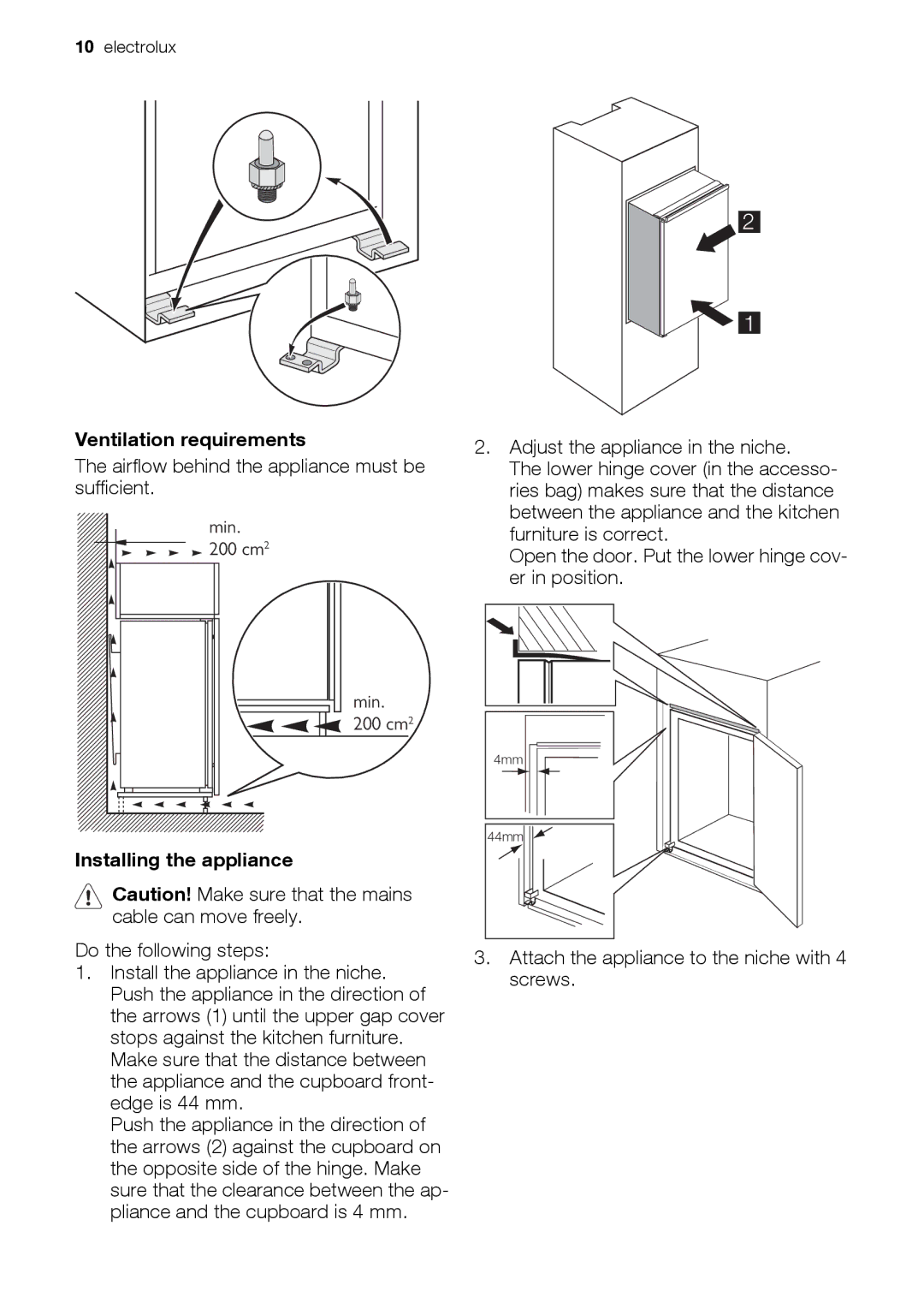 Electrolux CI120FA user manual Ventilation requirements, Installing the appliance 