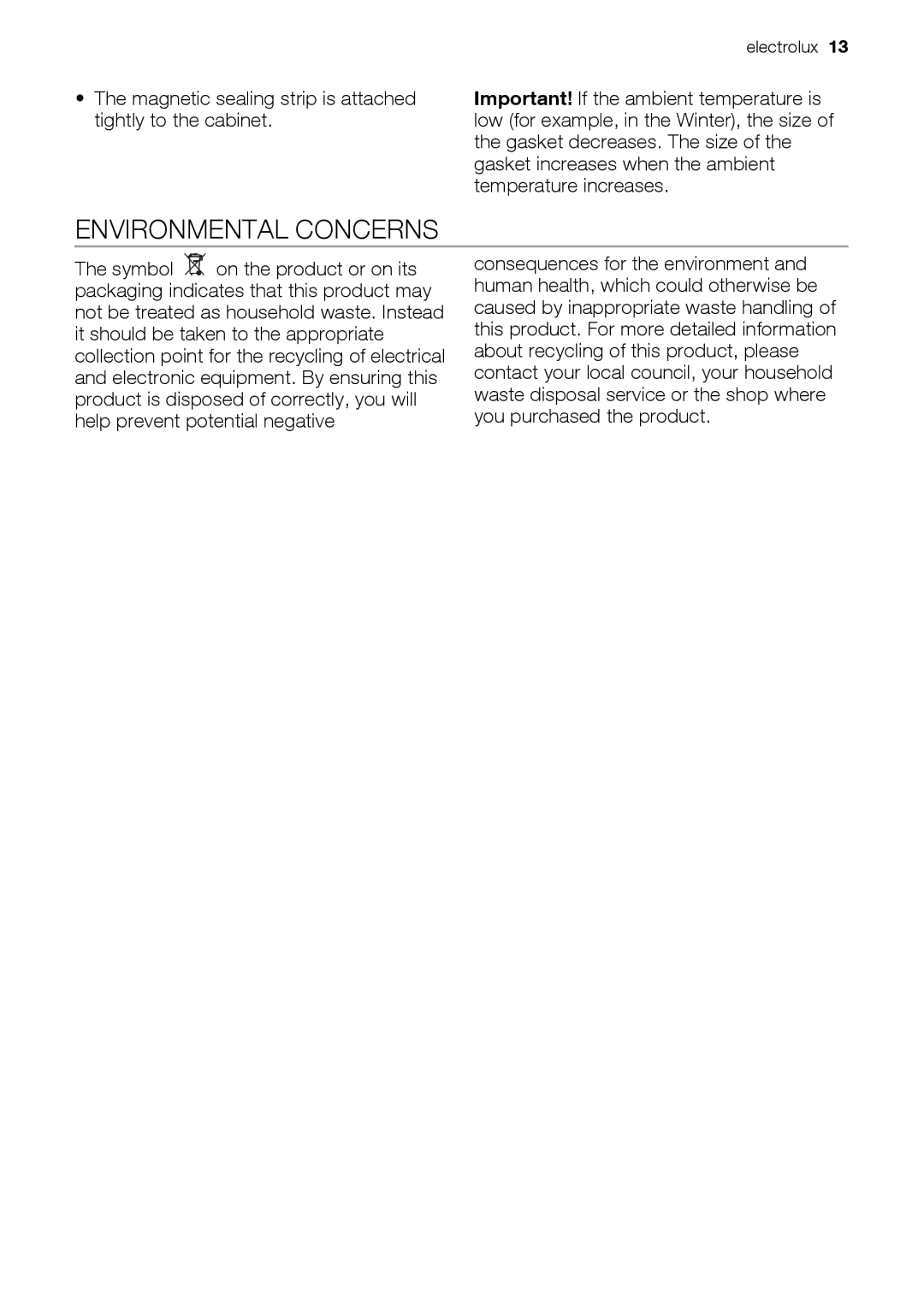 Electrolux CI120FA user manual Environmental Concerns 