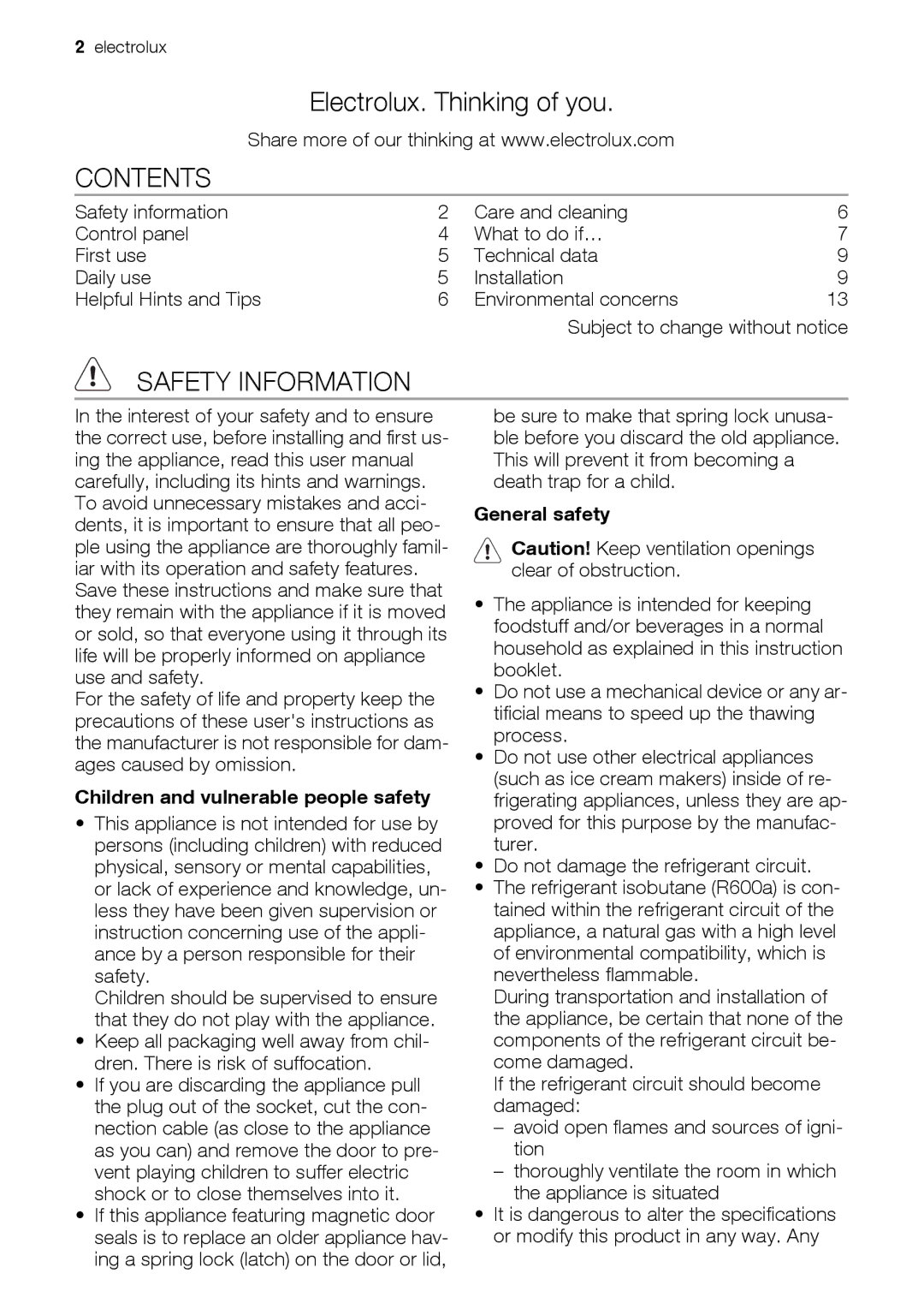 Electrolux CI120FA user manual Contents, Safety Information 