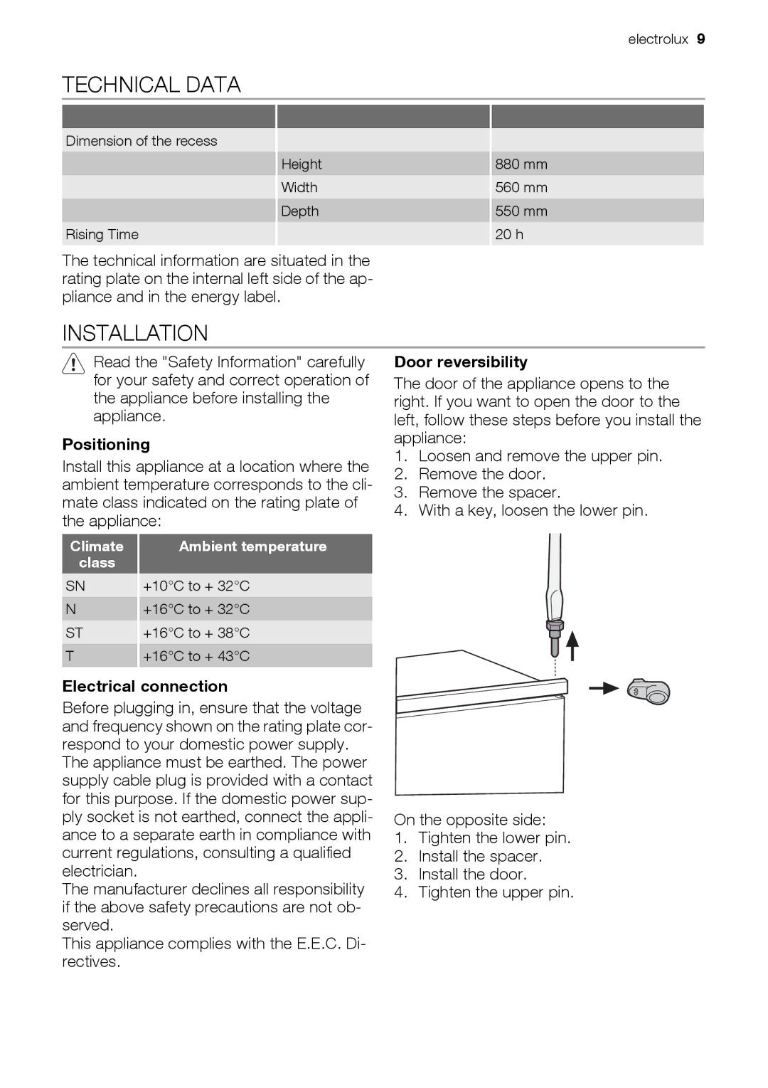 Electrolux CI120FA user manual Technical Data, Installation, Positioning, Door reversibility, Electrical connection 