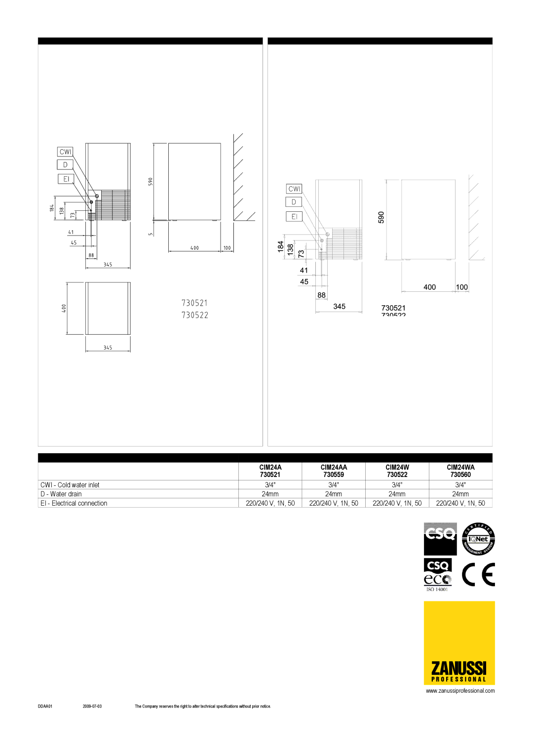 Electrolux CIM24WA, CIM24AA dimensions Zanussi, O F E S S I O N a L, DDAA01 