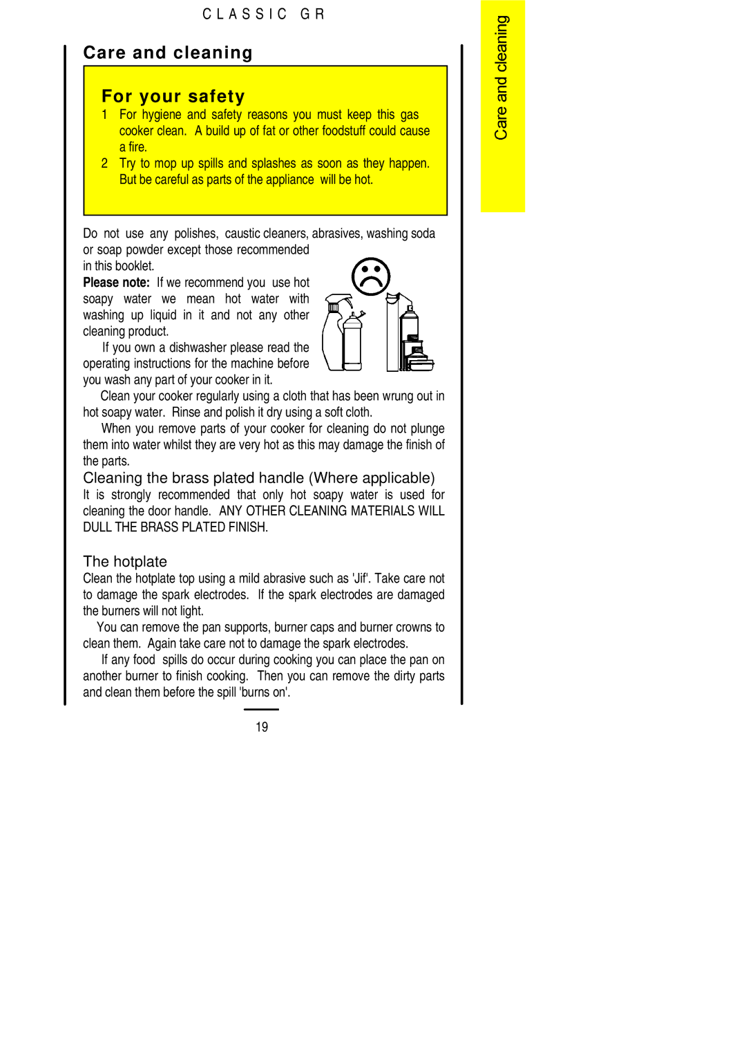 Electrolux CLASSIC GR Care and cleaning For your safety, Cleaning the brass plated handle Where applicable, Hotplate 