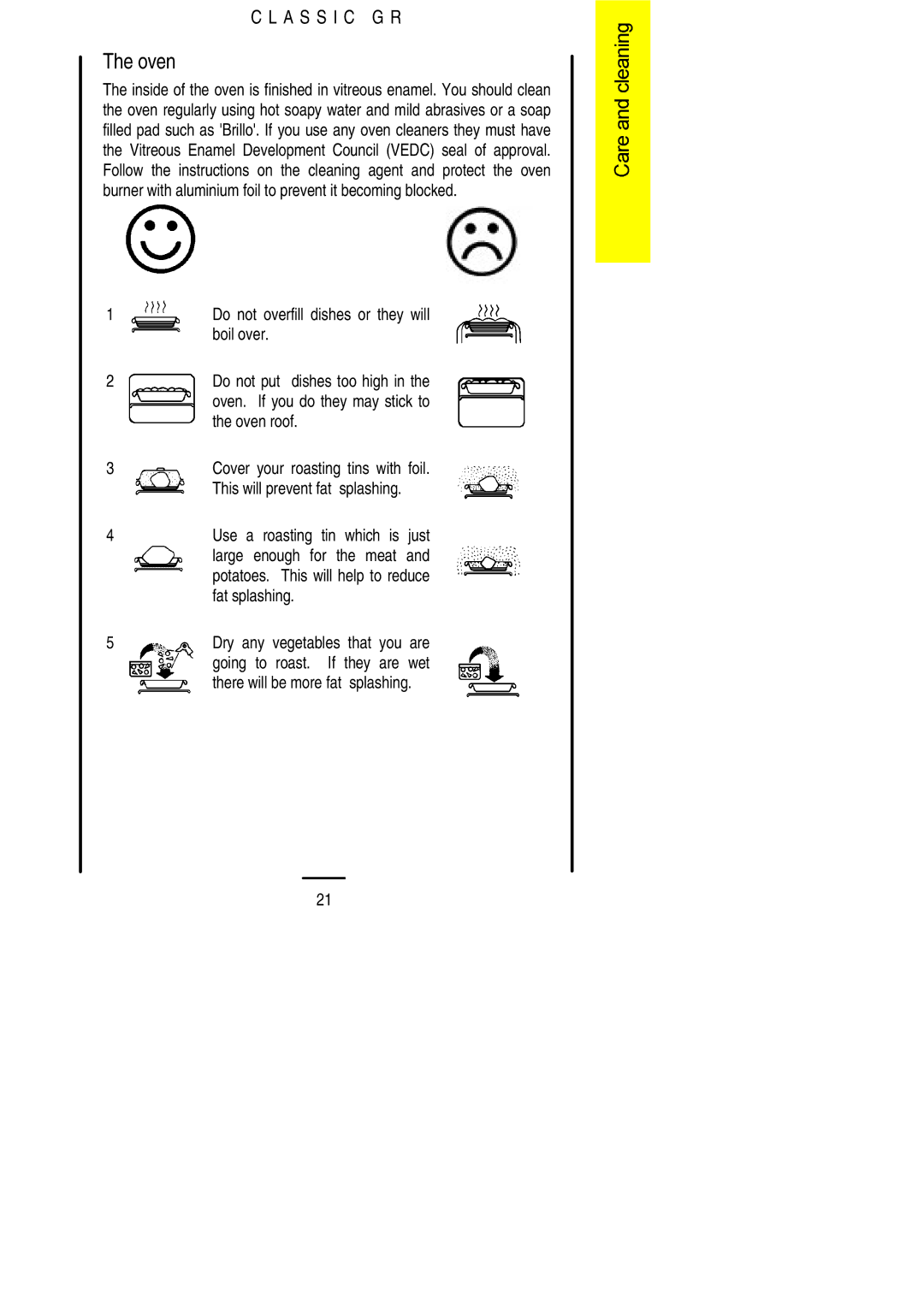 Electrolux CLASSIC GR installation instructions Boil over, Oven roof, Fat splashing, Going to roast. If they are wet 