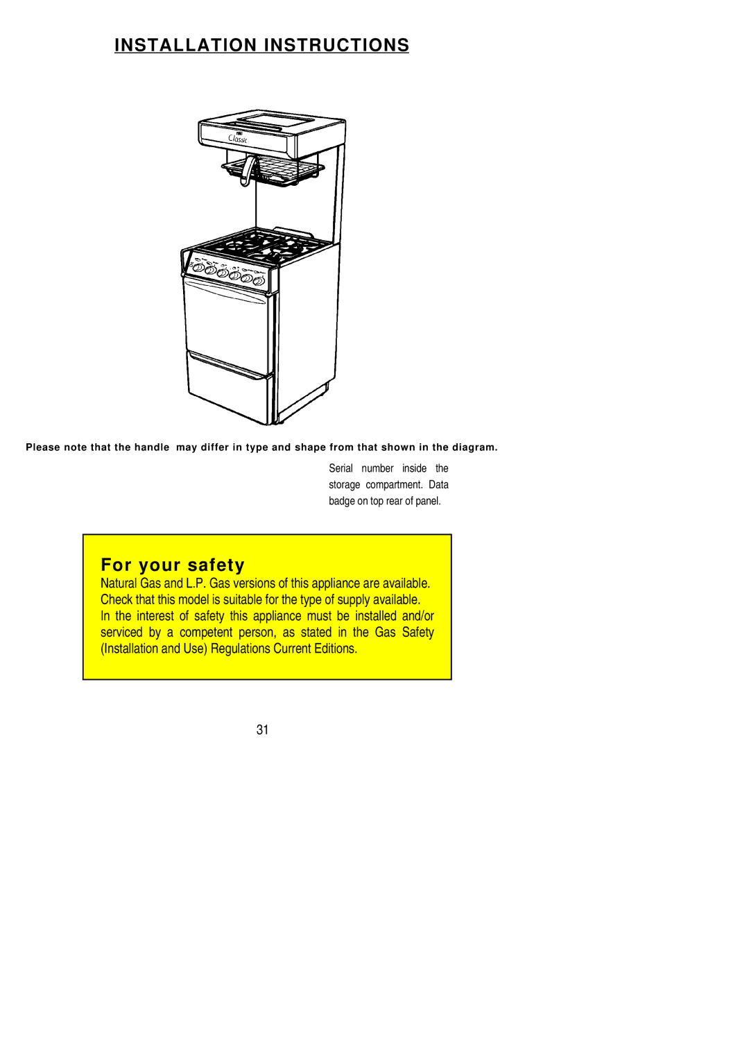 Electrolux CLASSIC GR installation instructions Installation Instructions 