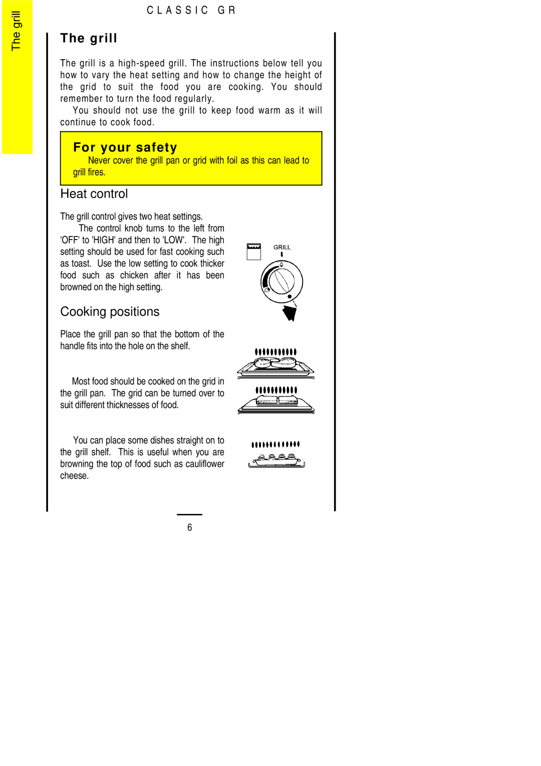 Electrolux CLASSIC GR installation instructions Heat control, Cooking positions, Grill control gives two heat settings 