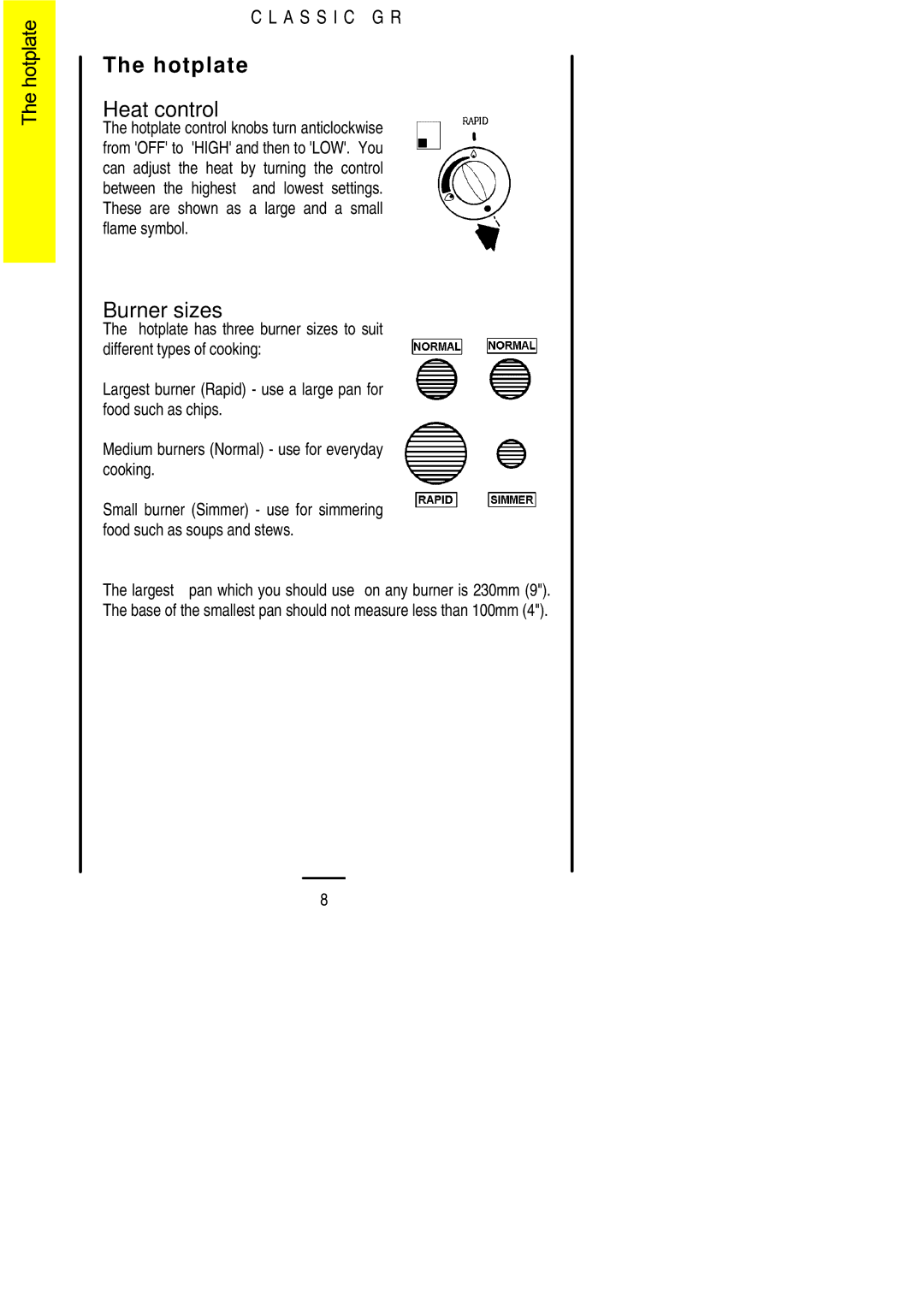 Electrolux CLASSIC GR installation instructions Hotplate, Burner sizes 