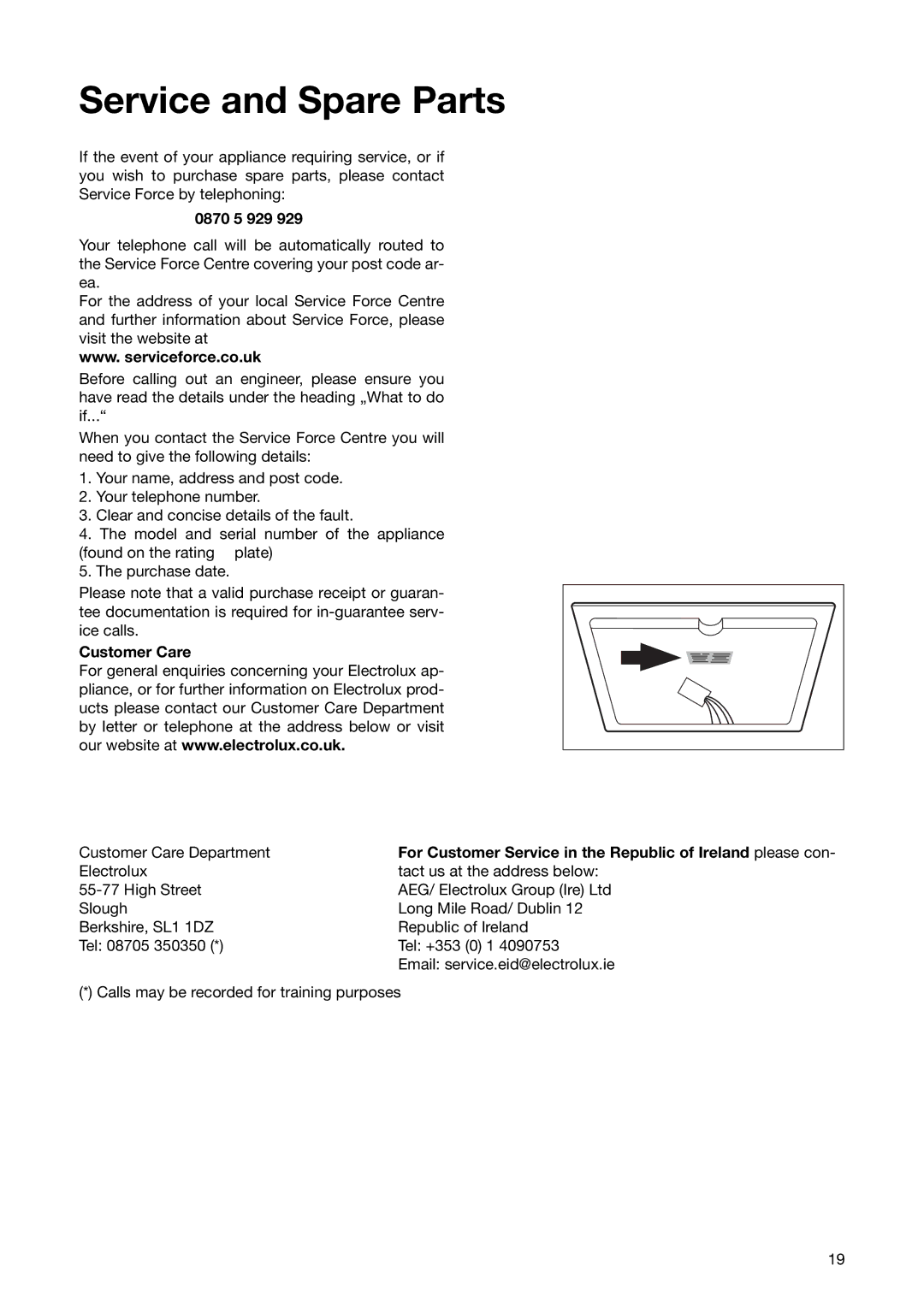 Electrolux CM 600 BLK manual 0870 5 929, Customer Care, For Customer Service in the Republic of Ireland please con 